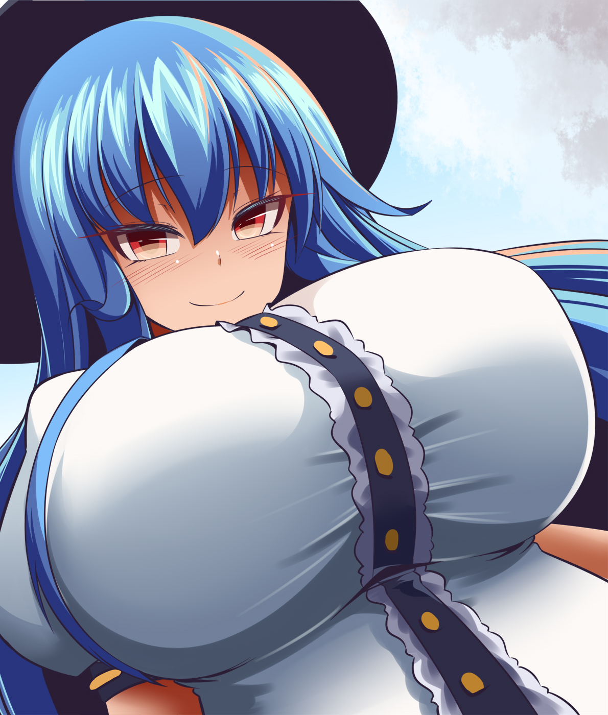 gero zoukin, hinanawi tenshi, touhou, highres, alternate breast size (larger), breasts, hat, large breasts, simple background, solo, white background