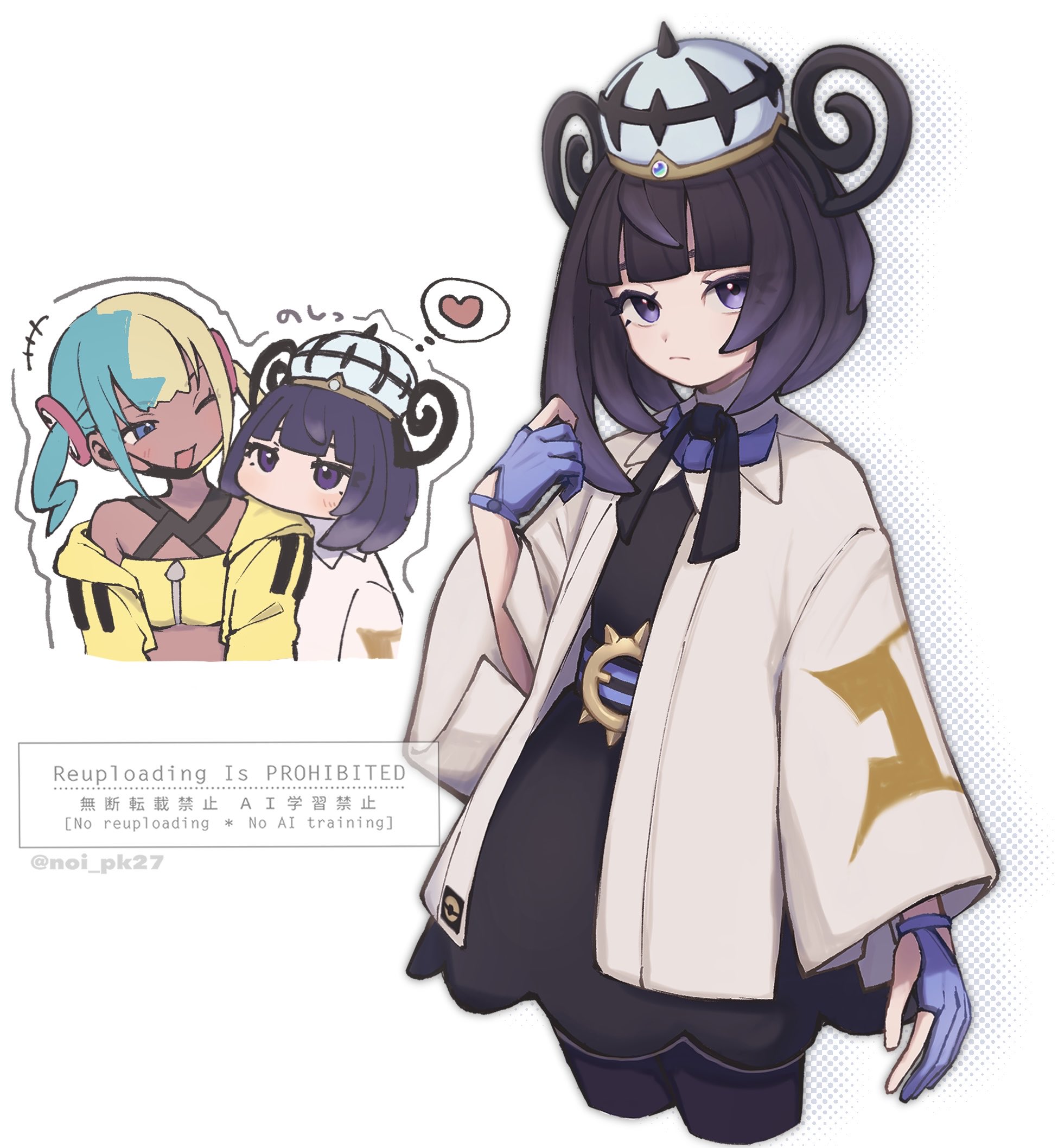 noi (noi pk27), canari (pokemon), gwynn (pokemon), nintendo, pokemon, pokemon legends: z-a, highres, translation request, +++, 1boy, 1girl, ;d, bandeau, black dress, black hair, closed mouth, dress, gloves, hat, jacket, long hair, multicolored hair, one eye closed, open clothes, open jacket, open mouth, partially fingerless gloves, single off shoulder, smile, speech bubble, thought bubble, twitter username, two-tone hair, watermark, yellow bandeau, yellow jacket, yuri, zipper pull tab