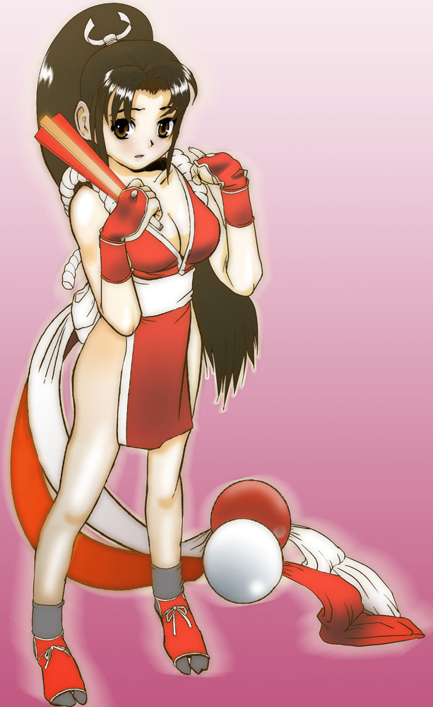 nemiosu, shiranui mai, fatal fury, snk, the king of fighters, bad id, bad pixiv id, 1girl, black hair, breasts, brown eyes, brown hair, cleavage, female focus, folded fan, folding fan, gloves, hand fan, large breasts, loincloth, long hair, pelvic curtain, ponytail, rope, socks, solo, tabi