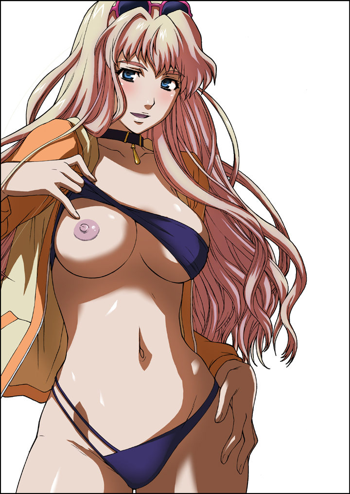 kitahara aki, sheryl nome, macross, macross frontier, 00s, 1girl, bikini, bikini top lift, blonde hair, blue bikini, blue eyes, breast slip, breasts, choker, clothes lift, eyewear on head, female focus, flashing, large breasts, lifting own clothes, long hair, navel, nipples, one breast out, pink hair, presenting breasts, solo, sunglasses, swimsuit