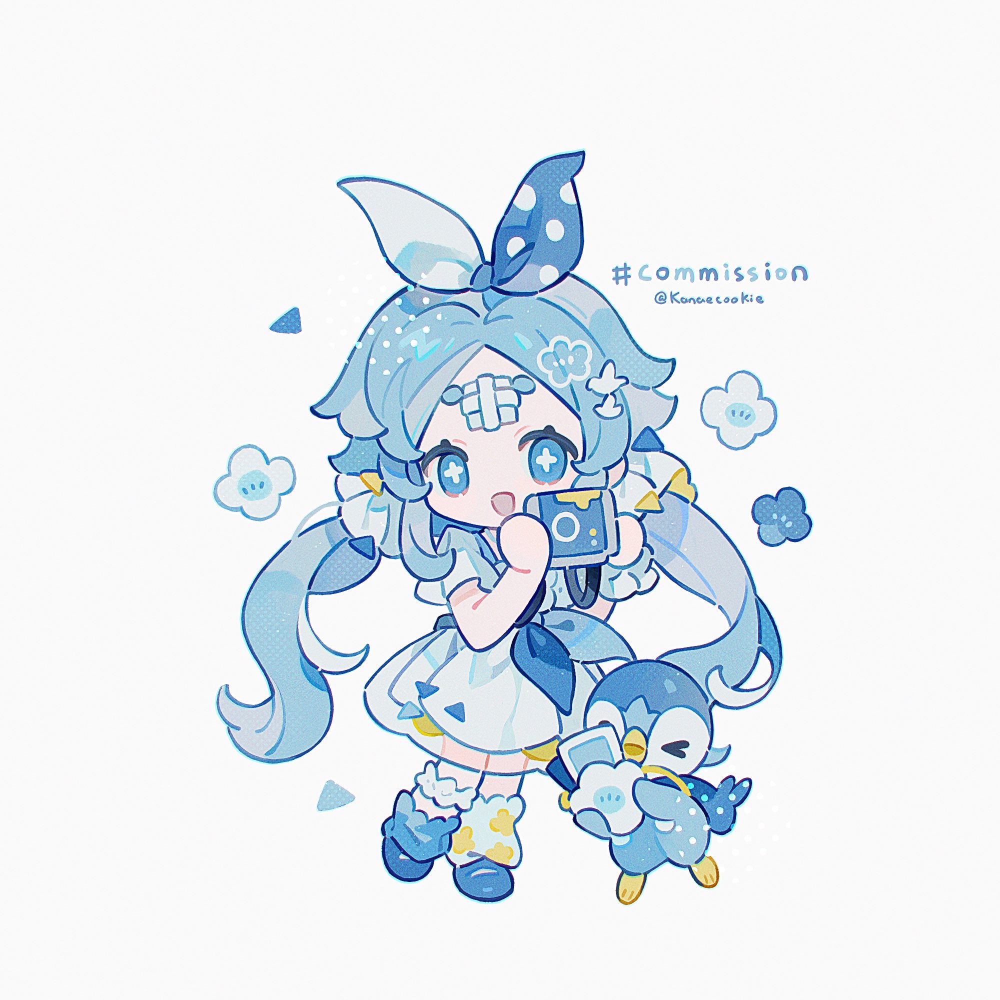 kanae (cookie), piplup, nintendo, original, pokemon, commission, highres, 1girl, :d, bandaid, bandaid on face, bandaid on forehead, blue eyes, blue hair, blue necktie, blue ribbon, blue shoes, chibi, chibi only, cross-shaped pupils, dress, full body, gen 4 pokemon, hair ribbon, long hair, looking at viewer, low twintails, necktie, open mouth, parted bangs, pokemon (creature), polka dot, polka dot ribbon, ribbon, shoes, short sleeves, simple background, smile, socks, standing, symbol-shaped pupils, thick eyebrows, twintails, twitter username, two-tone ribbon, white background, white dress, white ribbon, white socks