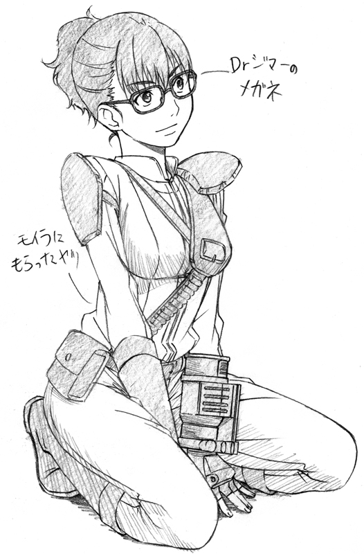 sawa jaaji, lone wanderer, fallout, fallout 3, original, translation request, 1girl, female focus, glasses, greyscale, kneeling, monochrome, short hair, shoulder pads, solo, squatting, vault jumpsuit (fallout 3), vault suit