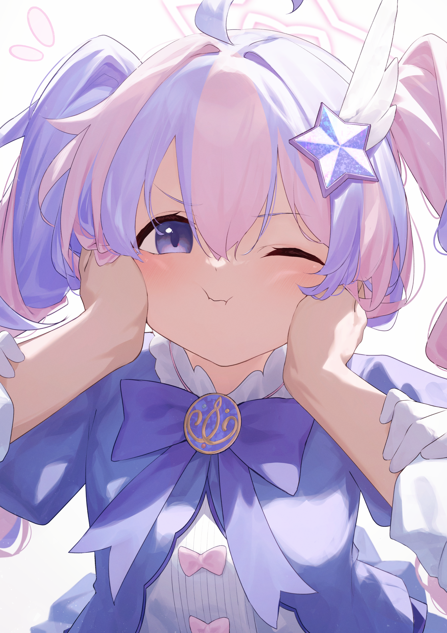 kuchisode, reisa (blue archive), reisa (magical) (blue archive), blue archive, absurdres, commentary, highres, 1boy, 1girl, :i, ahoge, backlighting, blush, bow, bowtie, cheek squash, closed mouth, gloves, hair intakes, hair ornament, halo, hands on another's arms, hands on another's cheeks, hands on another's face, looking at viewer, magical girl, multicolored hair, official alternate costume, official alternate hairstyle, one eye closed, pink hair, pink halo, pov, pov hands, purple bow, purple bowtie, purple eyes, purple hair, simple background, solo focus, star (symbol), star hair ornament, streaked hair, twintails, two-tone hair, upper body, v-shaped eyebrows, white background, white gloves, wing hair ornament