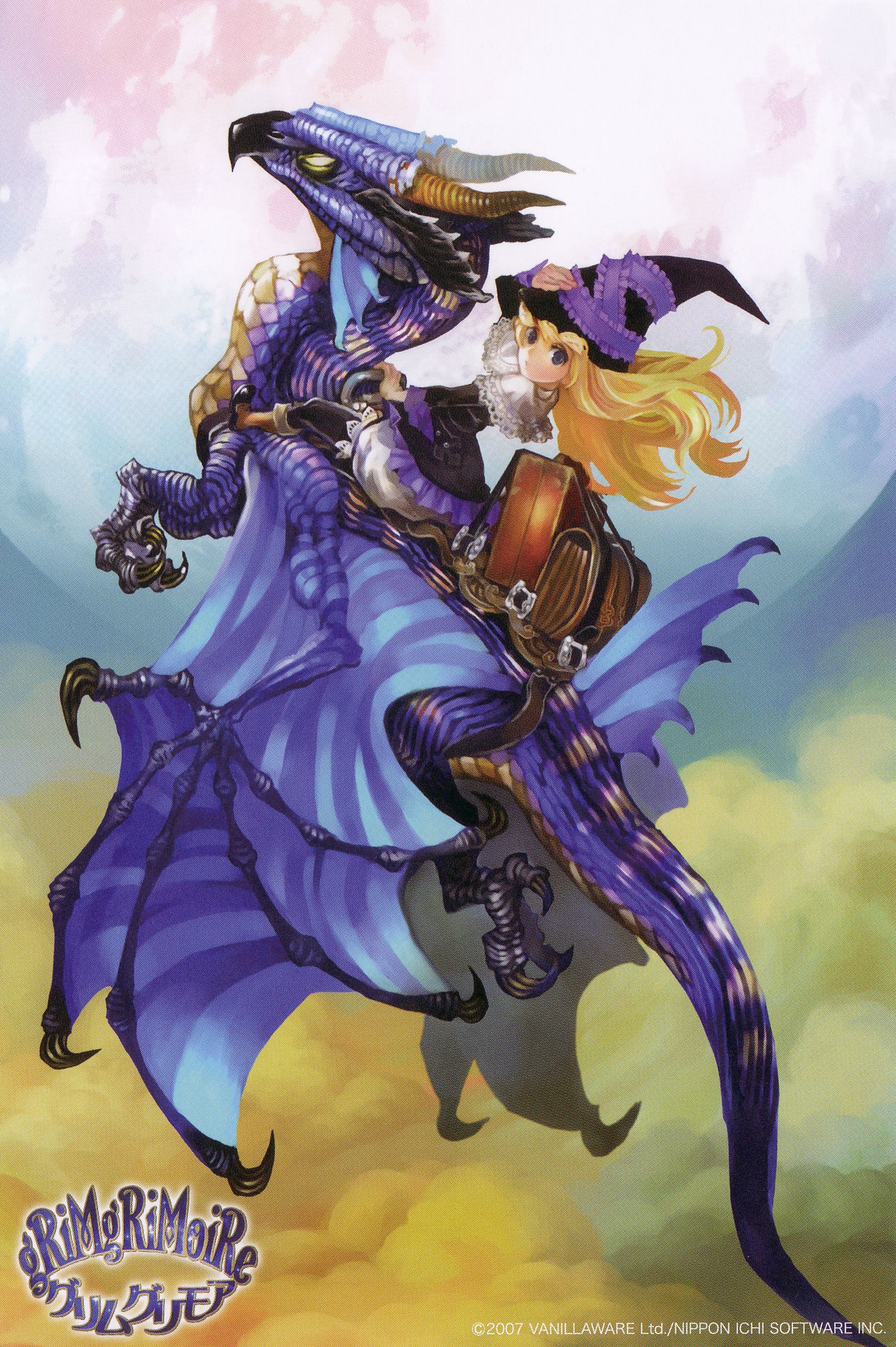 kamitani george, lillet blan, grimgrimoire, nippon ichi, vanillaware, highres, official art, scan, 1girl, dragon, female focus, monster, postcard, solo