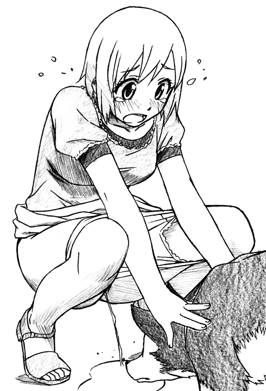 sawa jaaji, nonomura ayumi, hyakko, bad id, bad pixiv id, 00s, 1girl, blush, dog, embarrassed, female focus, greyscale, inappropriate animal, monochrome, panties, panty pull, pee, peeing, sandals, short hair, solo, squatting, underwear