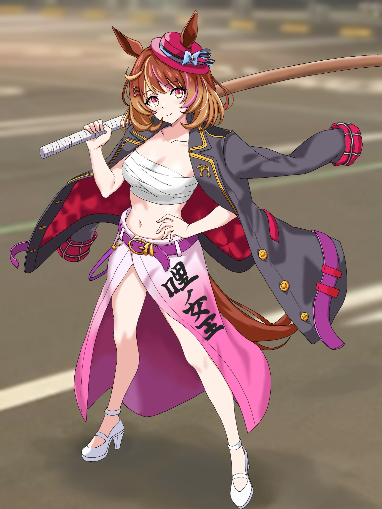 zenbrush2, north flight (umamusume), umamusume, highres, 1girl, animal ears, black jacket, blush, bokken, brown hair, chest sarashi, closed mouth, ears through headwear, hand on own hip, hat, high heels, holding, holding sword, holding weapon, horse ears, horse girl, horse tail, jacket, jacket on shoulders, looking at viewer, medium hair, over shoulder, pink eyes, pink hat, pink skirt, sarashi, shoes, skirt, smile, solo, sword, tail, weapon, weapon over shoulder, white shoes, wooden sword