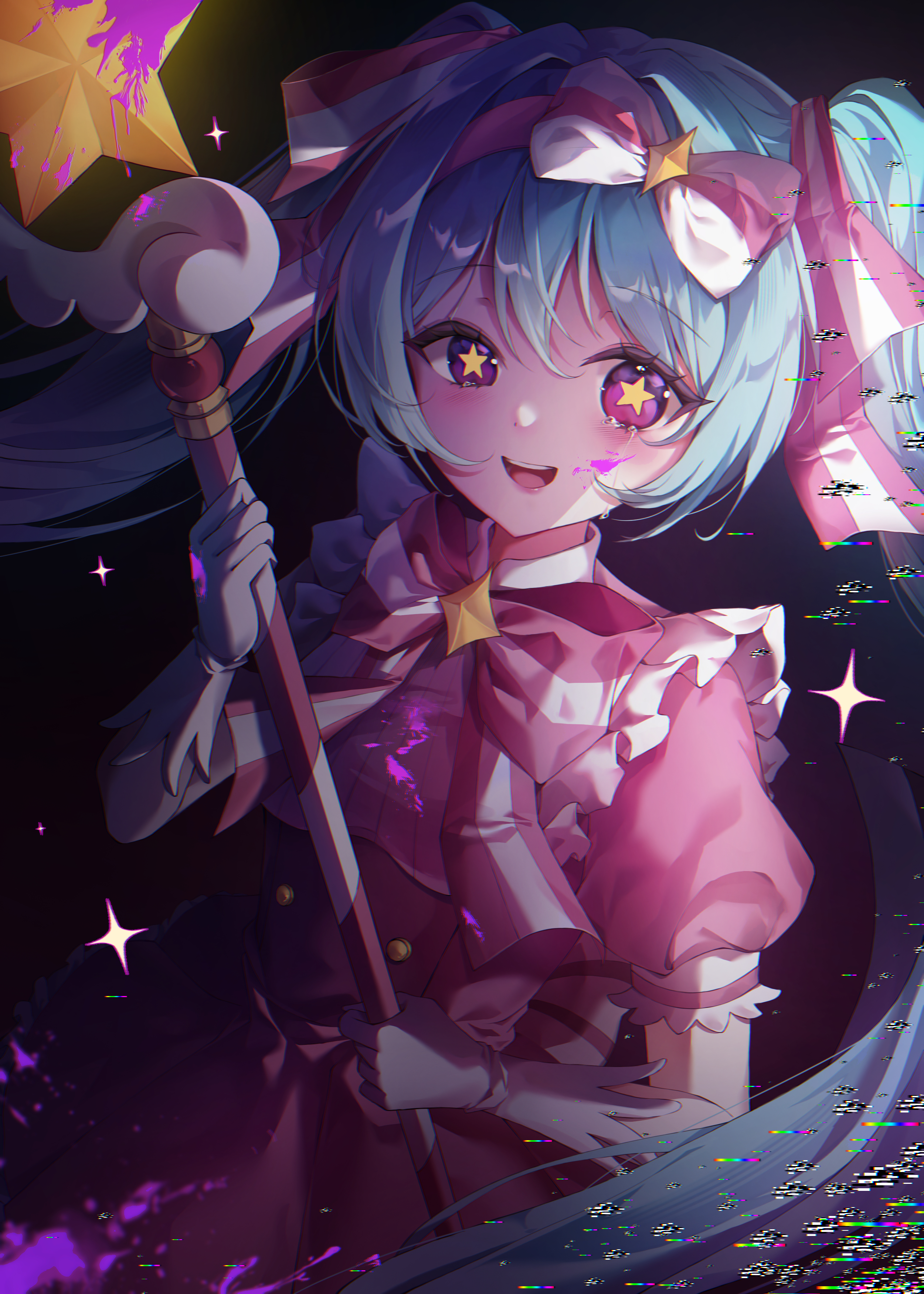 gyom i, hatsune miku, vocaloid, absurdres, highres, 1girl, aqua hair, blood, blood on face, bloody weapon, blush, bow, dress, gloves, hair between eyes, hair bow, hairband, holding, holding staff, ima sugu rinne (vocaloid), looking at viewer, magical girl, open mouth, pink bow, pink dress, pink hairband, purple eyes, short sleeves, sidelocks, solo, staff, star-shaped pupils, star (symbol), symbol-shaped pupils, tears, teeth, twintails, upper teeth only, weapon, white bow, white gloves