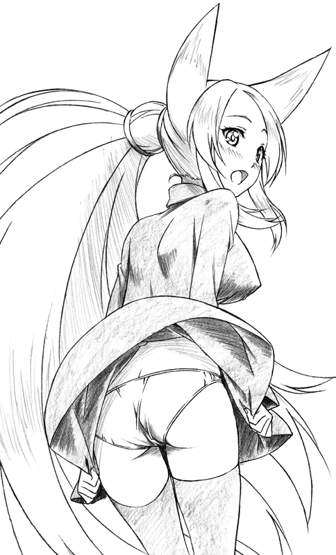 sawa jaaji, nine-tails-san, original, bad id, bad pixiv id, traditional media, 1girl, animal ears, ass, blush, borrowed character, female focus, greyscale, long hair, looking back, monochrome, panties, ponytail, solo, thighhighs, underwear, very long hair
