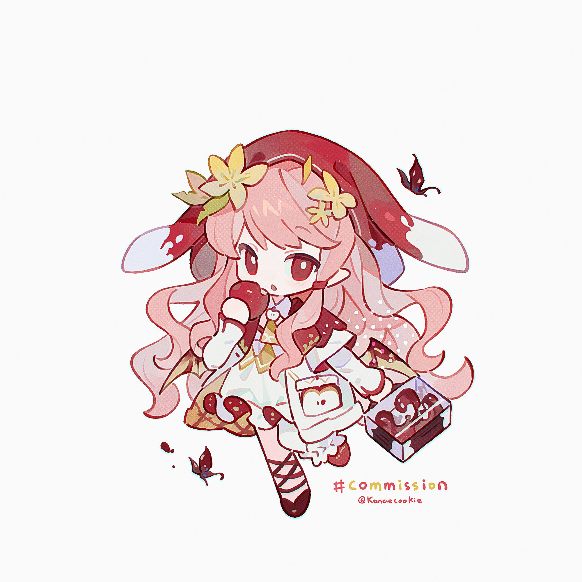 kanae (cookie), original, commission, highres, 1girl, apple, ball hands, chibi, chibi only, dress, food, fruit, full body, hat, holding, holding food, holding fruit, holding suitcase, long hair, long sleeves, looking at viewer, necktie, open mouth, pink hair, red eyes, red hat, red shoes, shoes, simple background, solo, standing, standing on one leg, suitcase, twitter username, white background, white dress, yellow necktie