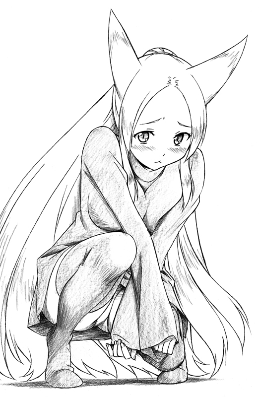 sawa jaaji, nine-tails-san, original, bad id, bad pixiv id, traditional media, 1girl, :<, animal ears, blush, borrowed character, breasts, female focus, greyscale, large breasts, long hair, monochrome, panties, pantyshot, solo, squatting, thighhighs, underwear