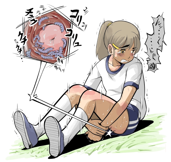 daradara panda, bad id, bad pixiv id, md5 mismatch, 1girl, being eaten, brown hair, buruma, caterpillar, cervix, creature inside, female focus, guro, gym uniform, ponytail, solo, sweat, trembling, vore, yellow eyes