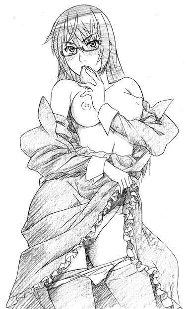 sawa jaaji, bad id, bad pixiv id, traditional media, 1girl, blush, breasts, censored, dress, female focus, female pubic hair, glasses, greyscale, long hair, medium breasts, monochrome, nipples, panties, panty pull, pubic hair, pussy, solo, thighhighs, underwear