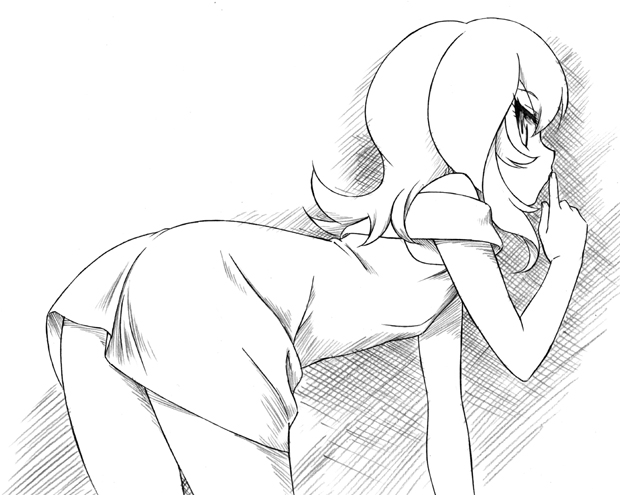 sawa jaaji, suruka-tan, bad id, bad pixiv id, all fours, ass, child, dress, finger to mouth, greyscale, looking back, monochrome, short hair, shushing, solo