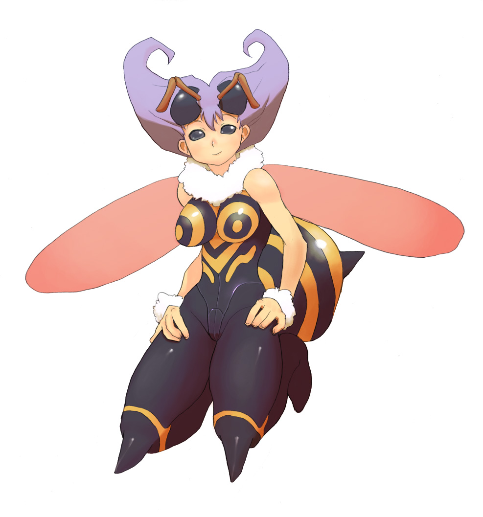 gomi ryousanki, q-bee, capcom, darkstalkers, bad id, bad pixiv id, antennae, arthropod girl, bee girl, insect girl, kneeling, monster girl, pantyhose, purple hair, solid eyes, solo, wings