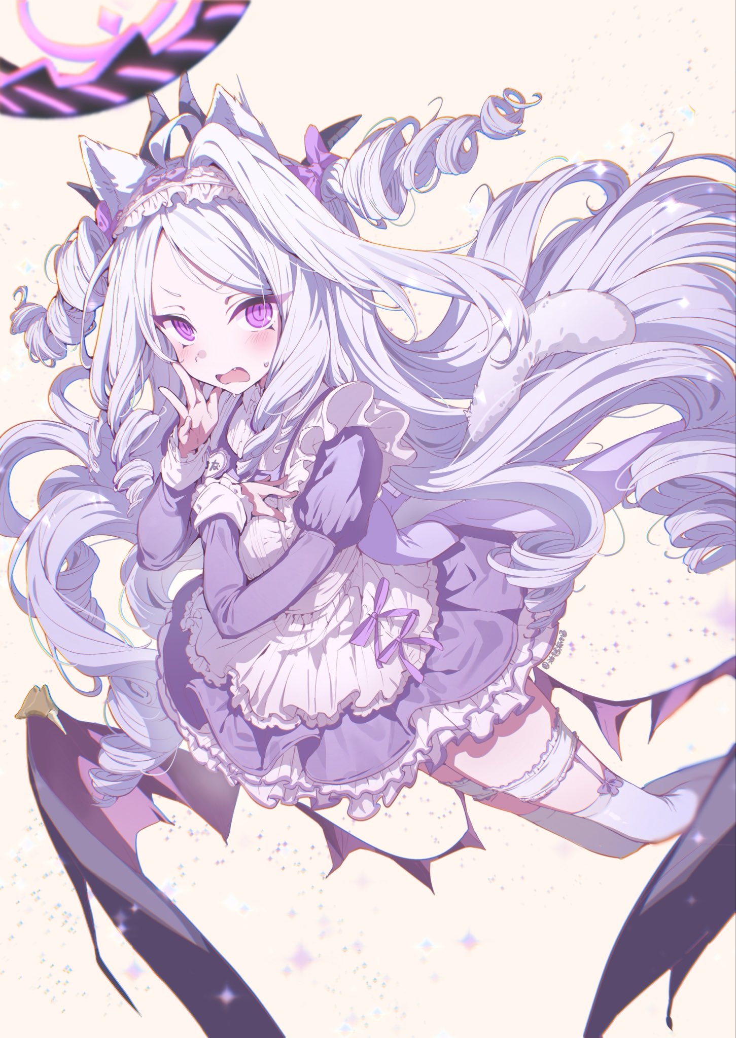 youguo naberu, hina (blue archive), blue archive, highres, 1girl, ahoge, apron, black halo, breasts, demon girl, demon horns, demon wings, halo, horns, long hair, looking at viewer, low wings, maid, maid apron, maid headdress, purple eyes, small breasts, solo, very long hair, white hair, wings