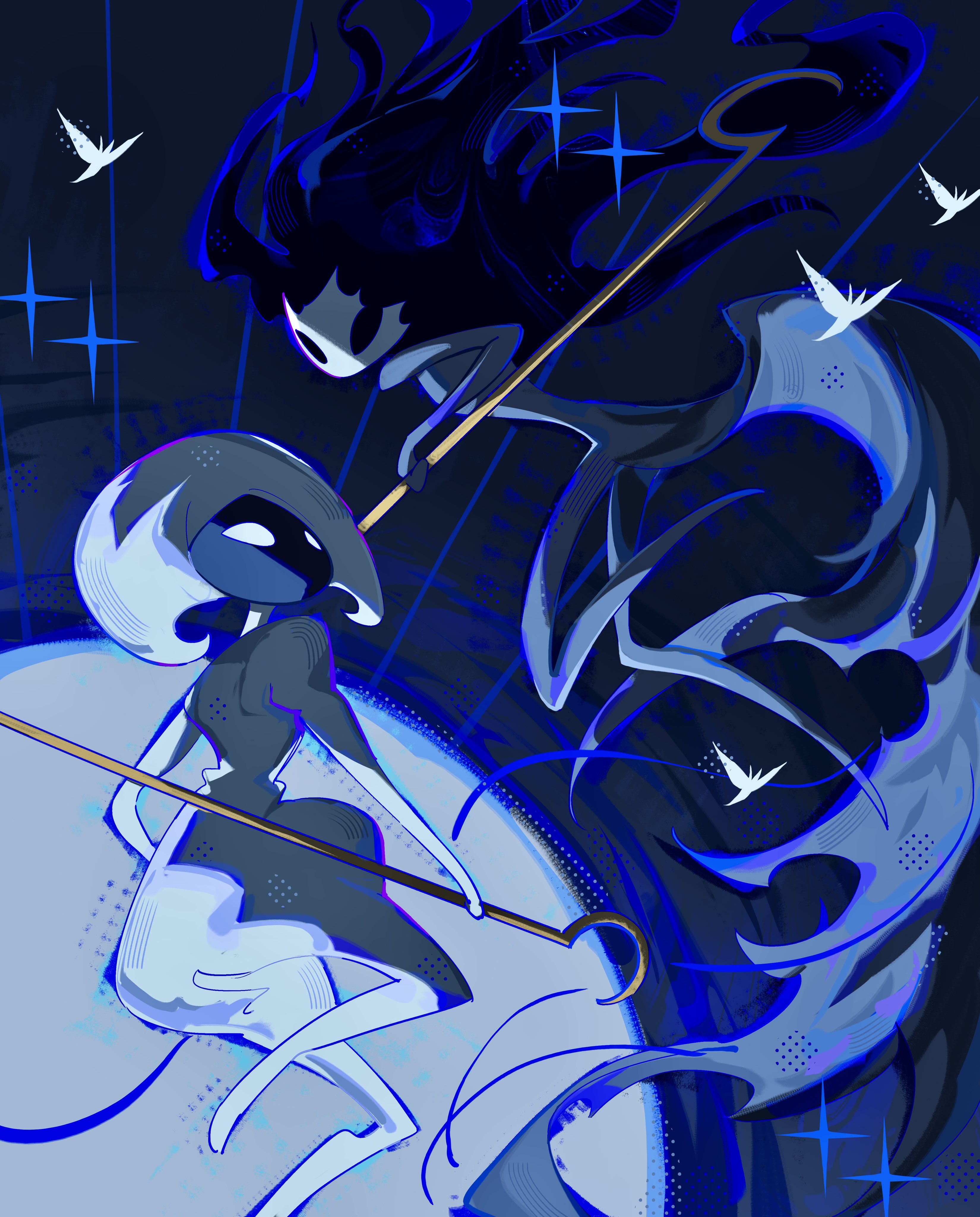 primsheep, lace (hollow knight), phantom (hollow knight), hollow knight, hollow knight: silksong, absurdres, highres, arthropod girl, black eyes, black hair, blank eyes, bug, butterfly, colored skin, empty eyes, floating hair, holding, holding weapon, hollow eyes, insect, looking at another, pin (hollow knight), siblings, sisters, weapon, white eyes, white skin