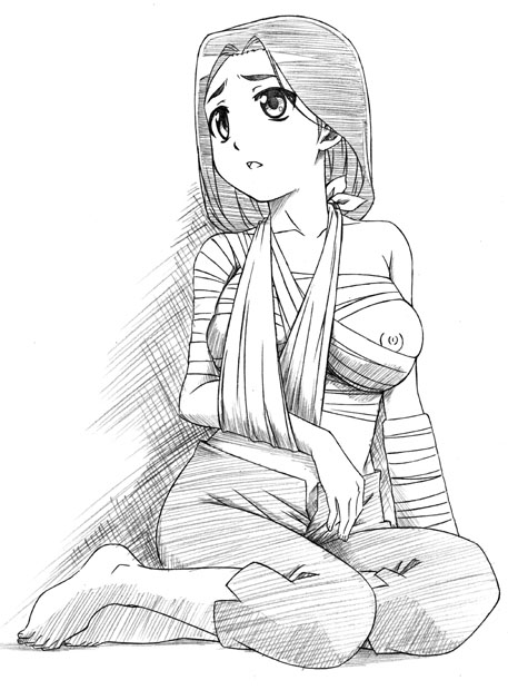 sawa jaaji, itsuyo, landreaall, bad id, bad pixiv id, 10s, bandages, barefoot, breasts, greyscale, kneeling, large breasts, long hair, monochrome, solo