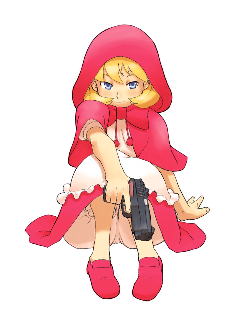 gomi ryousanki, b.b. hood, capcom, darkstalkers, bad id, bad pixiv id, 1girl, blonde hair, bloomers, blue eyes, dress, female focus, gun, hood, red dress, short hair, solo, underwear, weapon