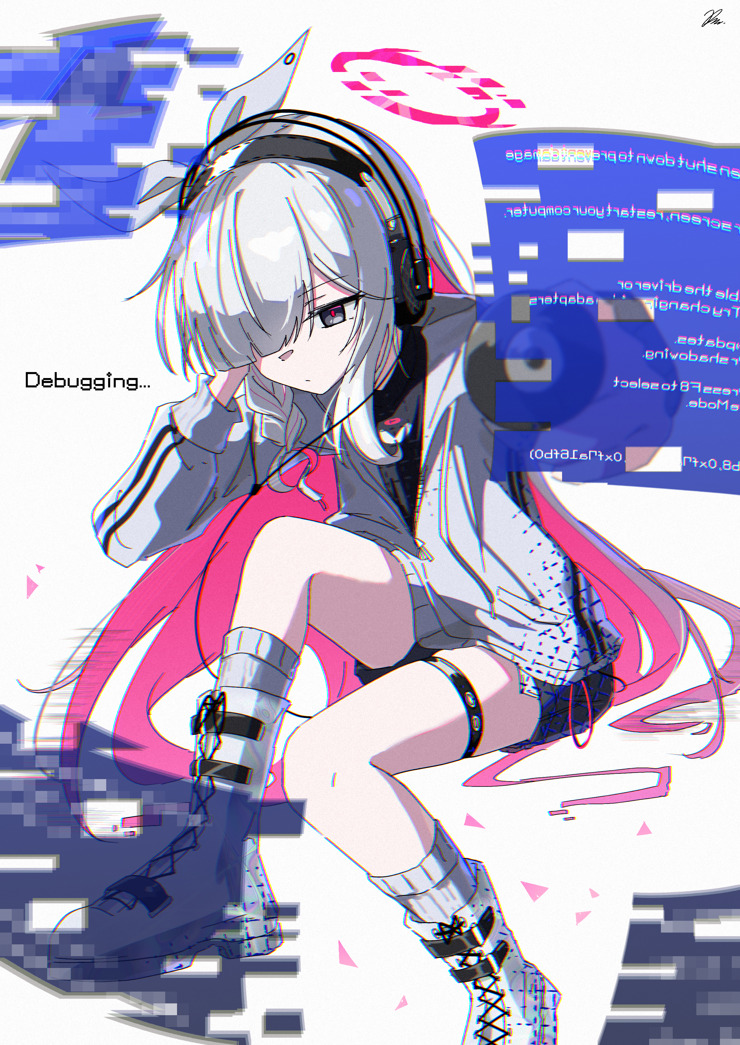 kiroshi, plana (blue archive), blue archive, absurdres, highres, 1girl, alternate costume, black shirt, black shorts, boots, braid, closed mouth, colored inner hair, glitch, grey hair, grey jacket, hair over one eye, hair ribbon, halo, headphones, jacket, long hair, multicolored hair, pink hair, red halo, red pupils, ribbon, shirt, short shorts, shorts, sidelocks, single braid, socks, solo, thigh strap, two-tone hair, very long hair, white boots, white ribbon, white socks