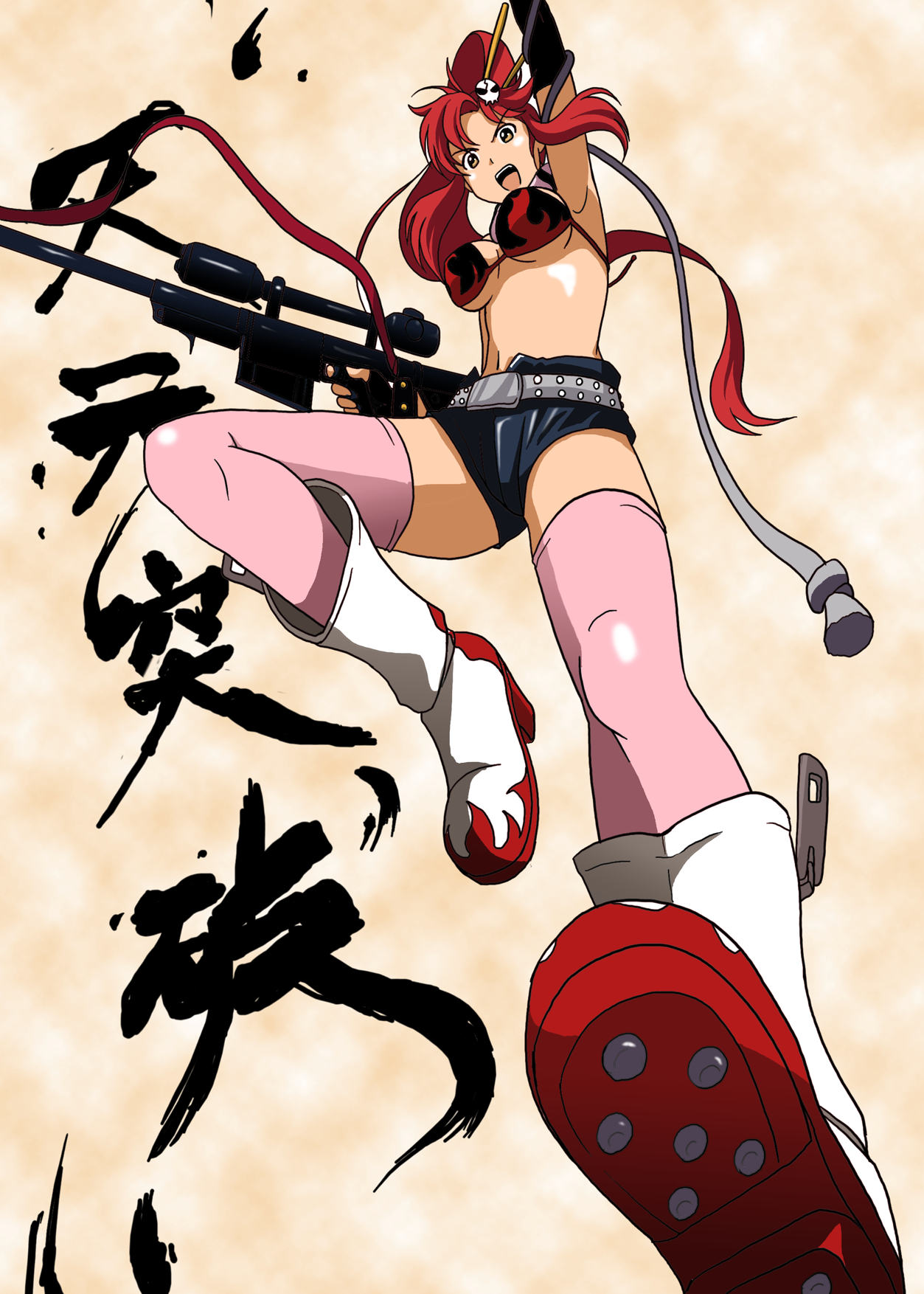 takaya n, yoko littner, tengen toppa gurren lagann, highres, 00s, anti-materiel rifle, armpits, belt, bikini, bikini top only, boots, elbow gloves, fingerless gloves, from below, gloves, gun, hair ornament, jumping, long hair, midriff, pink thighhighs, ponytail, red hair, rifle, scarf, short shorts, shorts, sniper rifle, solo, swimsuit, thighhighs, weapon, yellow eyes