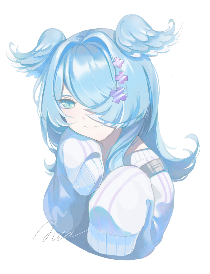 elira pendora, elira pendora (1st costume), nijisanji, nijisanji en, commentary, symbol-only commentary, 1girl, aotan cc, aqua eyes, artist name, blue hair, hair intakes, hair over one eye, head wings, light smile, long hair, long sleeves, looking at viewer, overalls, signature, simple background, sleeves past fingers, sleeves past wrists, solo, sweater, upper body, virtual youtuber, white background, white sweater, wings