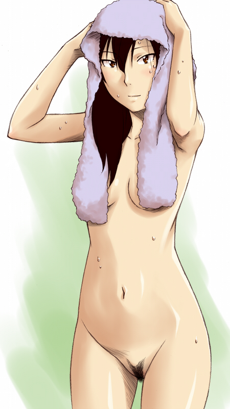 sawa jaaji, sarashina chizuru, hourou musuko, bad id, bad pixiv id, 1girl, armpits, black hair, blush, breasts, brown eyes, female pubic hair, loli, long hair, nude, pubic hair, small breasts, towel, wet