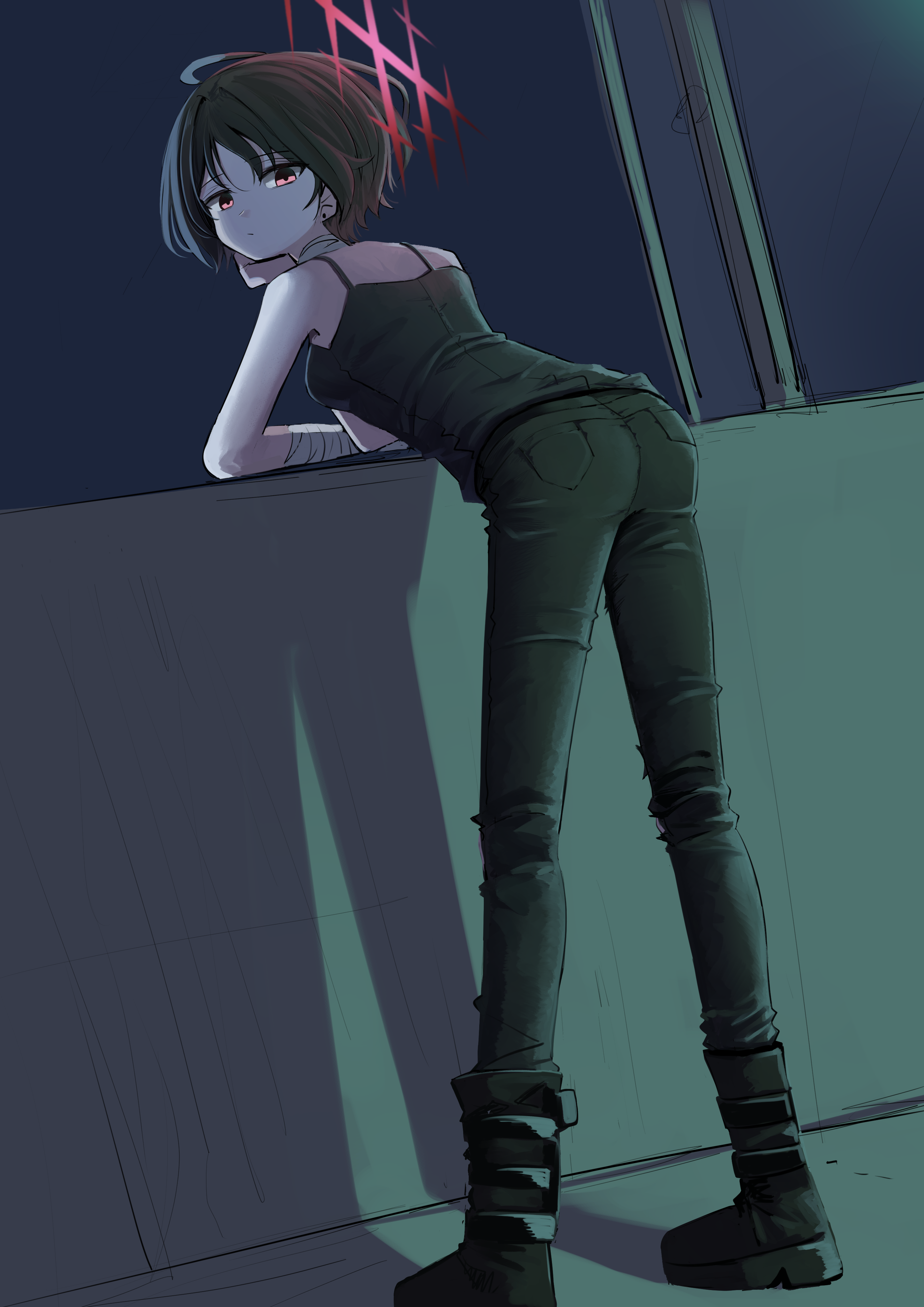 coralreef966, misaki (blue archive), blue archive, absurdres, commentary request, highres, 1girl, ass, bandaged arm, bandaged neck, bandages, bent over, black boots, black camisole, black hair, black pants, boots, camisole, from behind, halo, long legs, looking at viewer, looking back, on windowsill, pants, red eyes, red halo, short hair, solo