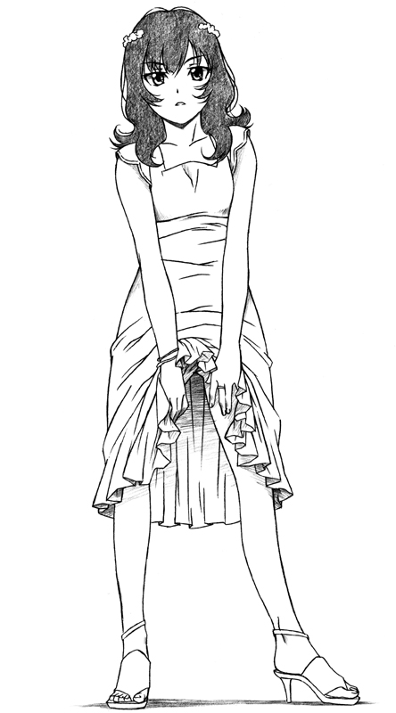 sawa jaaji, suehiro anna, hourou musuko, bad id, bad pixiv id, traditional media, 1girl, child, clothes lift, dress, dress lift, greyscale, high heels, long hair, monochrome, shoes