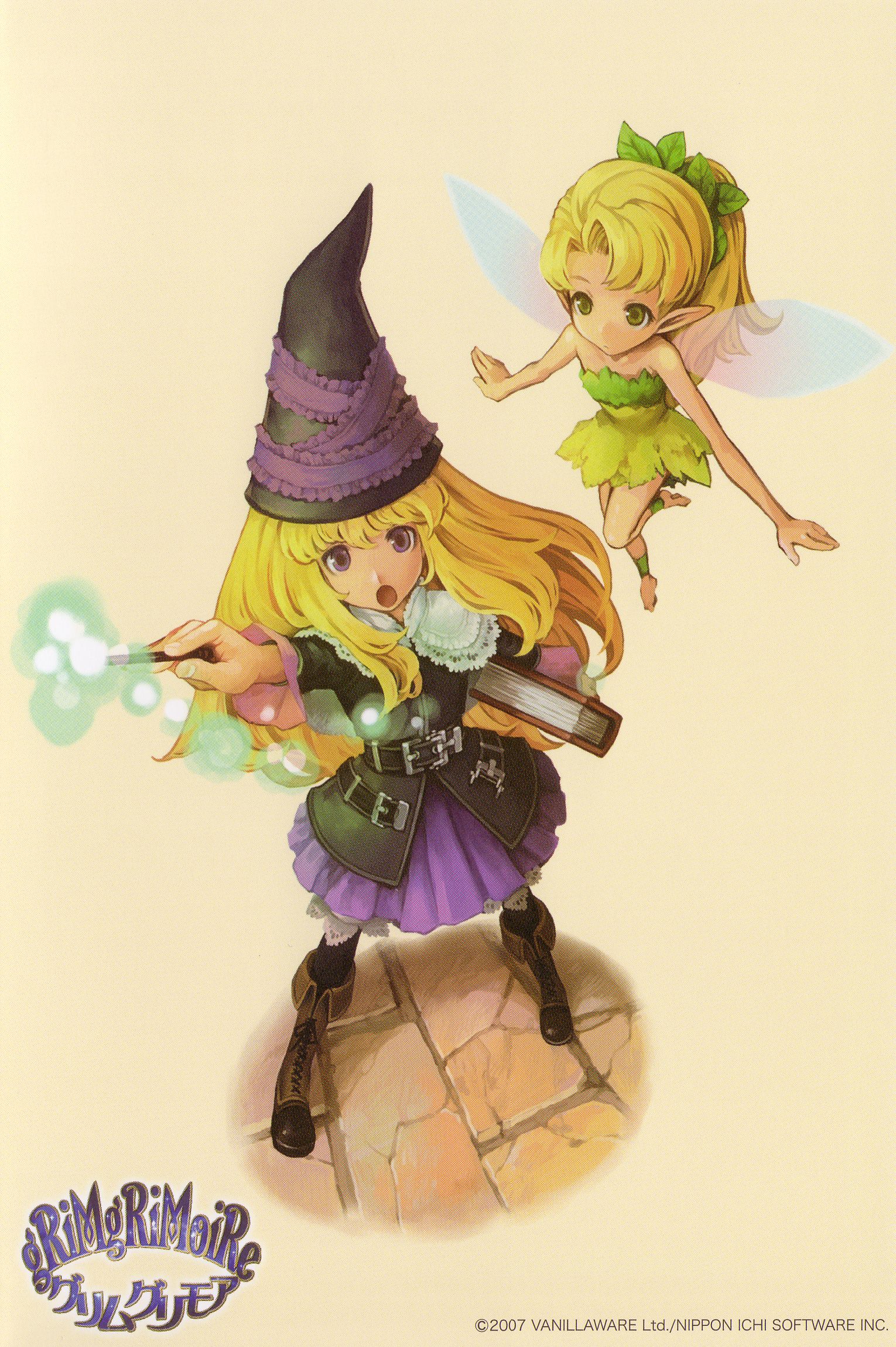 kamitani george, lillet blan, grimgrimoire, nippon ichi, vanillaware, highres, official art, scan, 2girls, fairy, multiple girls, pantyhose, postcard