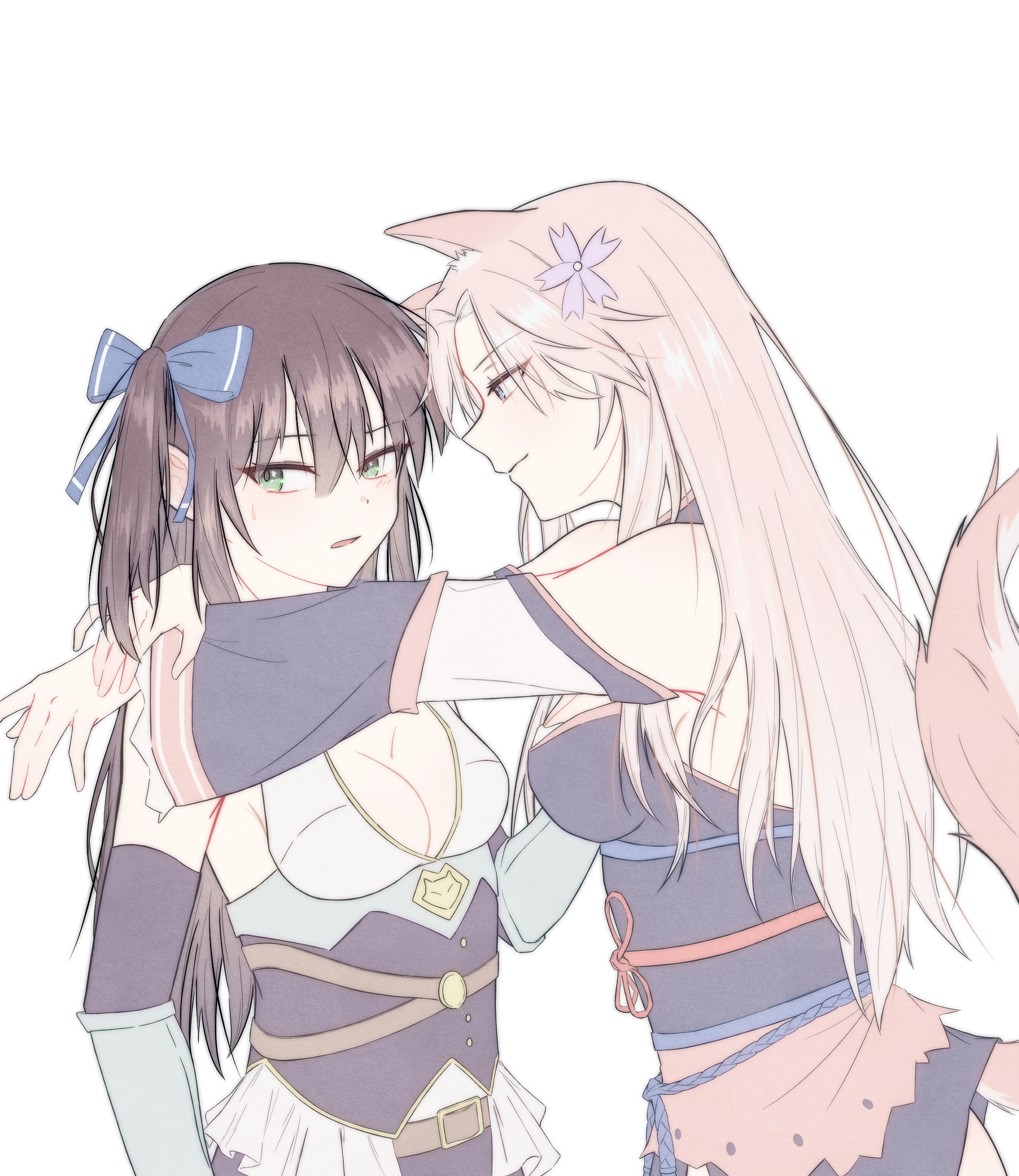 ceri (sakura dungeon), yomi (sakura dungeon), sakura dungeon, absurdres, artist request, commission, commissioner upload, highres, non-web source, animal ears, arms around neck, blue eyes, blush, bow, brown hair, fox ears, fox tail, green eyes, hair bow, japanese clothes, kimono, knight, off shoulder, pink hair, tail, yuri