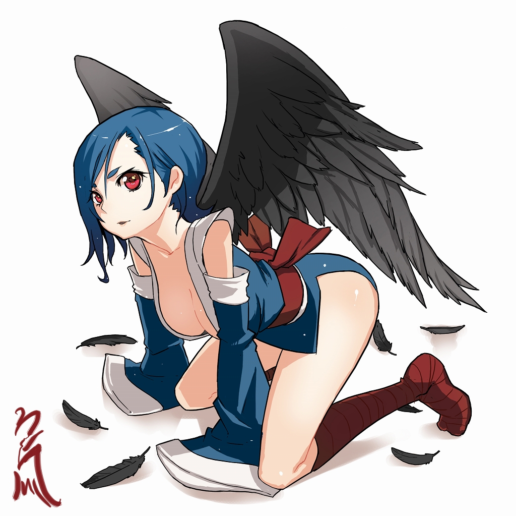 meme50, original, black wings, blue hair, breasts, cleavage, detached sleeves, feathers, japanese clothes, kneeling, large breasts, legs, red eyes, solo, wings