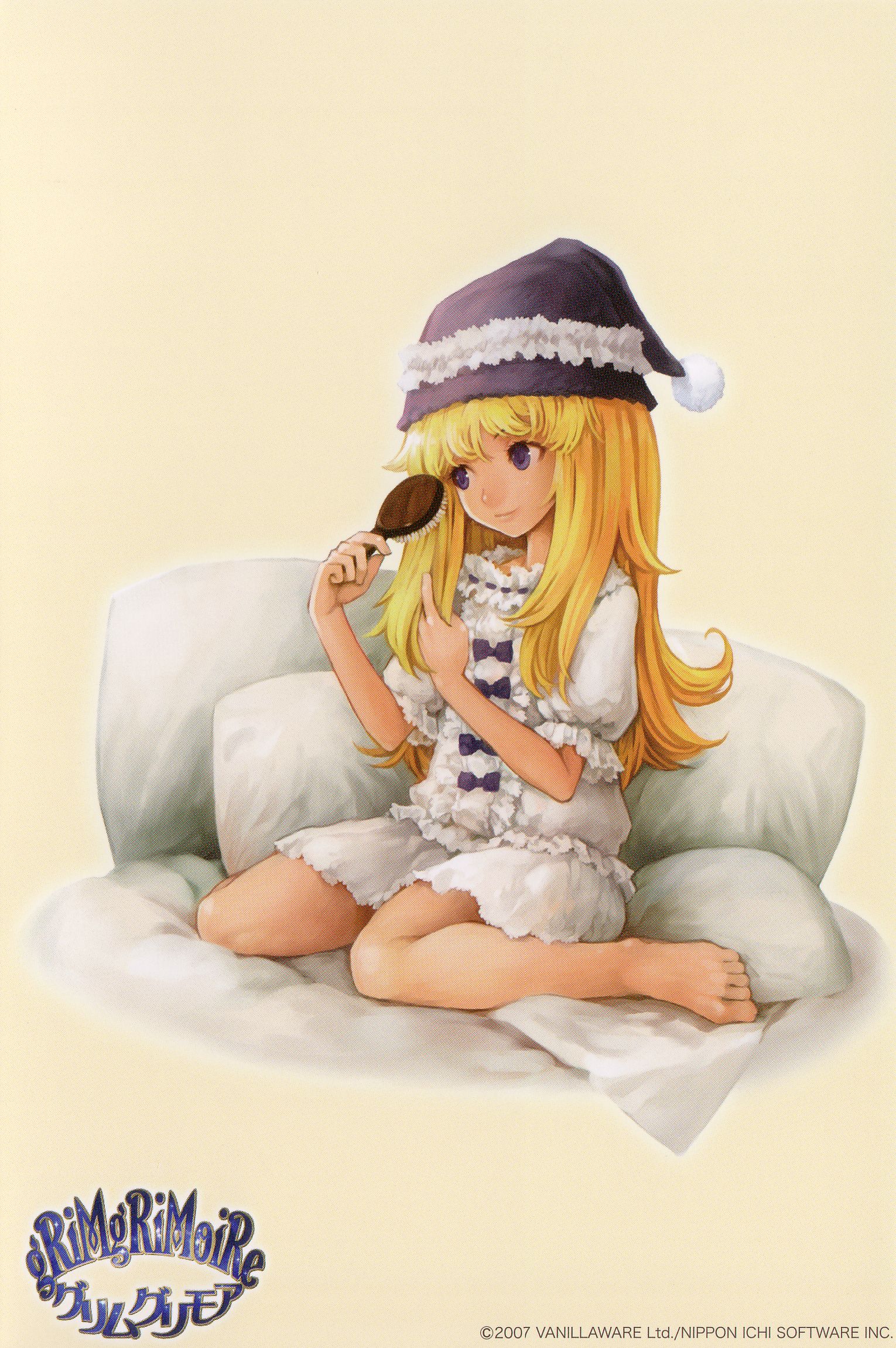 kamitani george, lillet blan, grimgrimoire, nippon ichi, vanillaware, highres, official art, scan, 1girl, barefoot, brushing hair, brushing own hair, feet, female focus, hair brush, holding, holding own hair, pajamas, postcard, solo