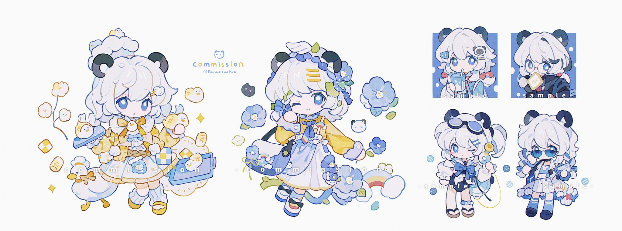 kanae (cookie), original, commission, highres, 1girl, ;), black horns, blue eyes, blue shoes, blue skirt, bow, bowtie, bright pupils, brown sandals, chibi, chibi only, closed mouth, double-parted bangs, dress, frilled dress, frills, full body, horns, long sleeves, looking at viewer, multiple views, one eye closed, sandals, sheep girl, sheep horns, shirt, shoes, short hair, shorts, simple background, skirt, smile, socks, standing, standing on one leg, sunglasses, twitter username, white background, white dress, white hair, white pupils, white shorts, white socks, yellow bow, yellow bowtie, yellow shirt, yellow shoes