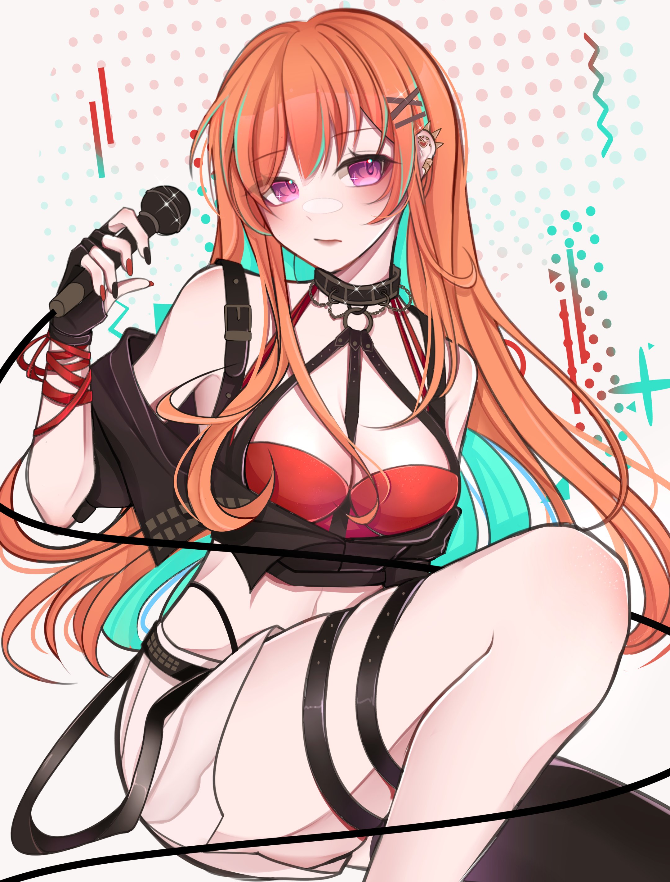 rosheil, takanashi kiara, hololive, hololive english, absurdres, commentary, highres, 1girl, alternate costume, bandeau, black choker, black gloves, black nails, breasts, chest harness, choker, choppy bangs, closed mouth, colored inner hair, ear piercing, fingerless gloves, fingernails, gloves, hair ornament, harness, holding, holding microphone, jacket, jacket partially removed, long hair, looking at viewer, medium breasts, microphone, multicolored hair, multicolored nails, nail polish, orange hair, piercing, pink eyes, red bandeau, red jacket, red nails, solo, virtual youtuber, white background, x hair ornament