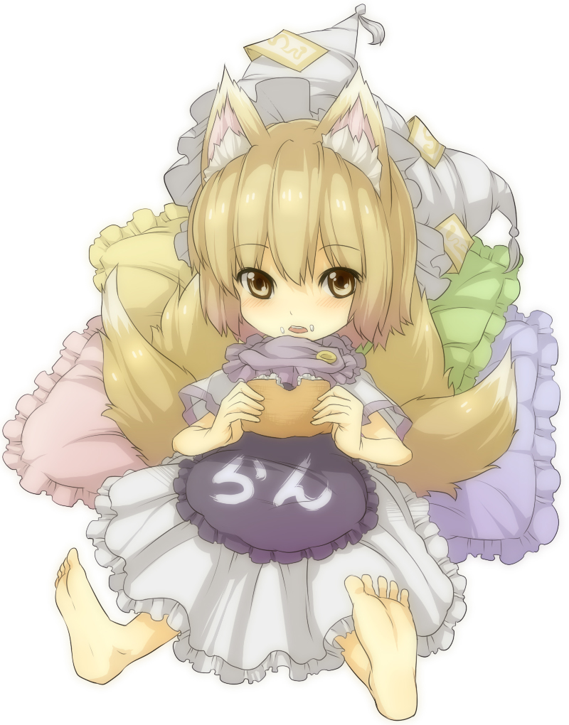 urin, yakumo ran, touhou, bad id, bad pixiv id, 1girl, aburaage, aged down, animal ears, barefoot, blush, child, eating, feet, female focus, food, food on face, fox ears, fox tail, hat, inarizushi, multiple tails, pillow, simple background, solo, sushi, tail, tofu