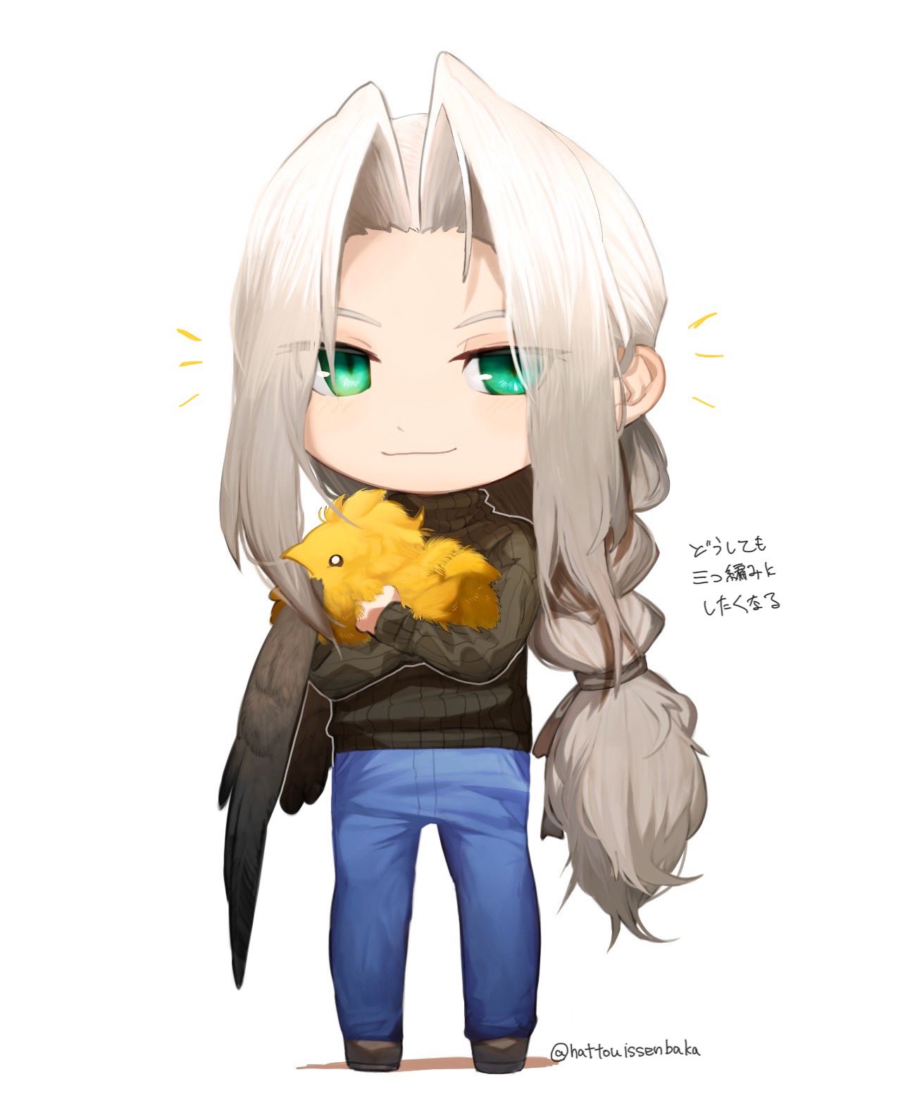 hattouissenbaka, chocobo, sephiroth, final fantasy, final fantasy vii, commentary request, highres, translation request, 1boy, alternate hairstyle, animal, bird, black shoes, black sweater, black wings, blue pants, braid, casual, chibi, chibi only, denim, feathered wings, full body, green eyes, grey hair, hair intakes, hands up, happy, holding, holding animal, jeans, light smile, long bangs, long hair, long sleeves, looking at viewer, male focus, pants, parted bangs, shadow, shoes, single braid, single wing, slit pupils, solo, standing, sweater, turtleneck, turtleneck sweater, twitter username, very long hair, white background, wings, yellow bird