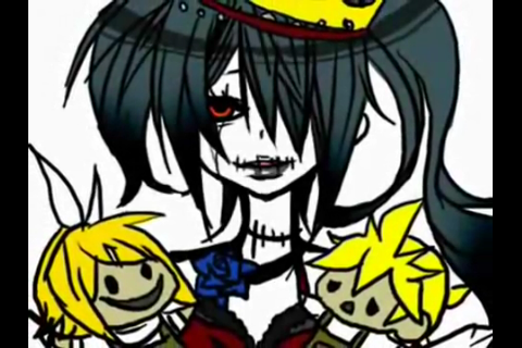 kagamine len, kagamine rin, vocaloid, lowres, alice human sacrifice, black hair, blonde hair, blue rose, crown, flower, little dream, red eyes, rose