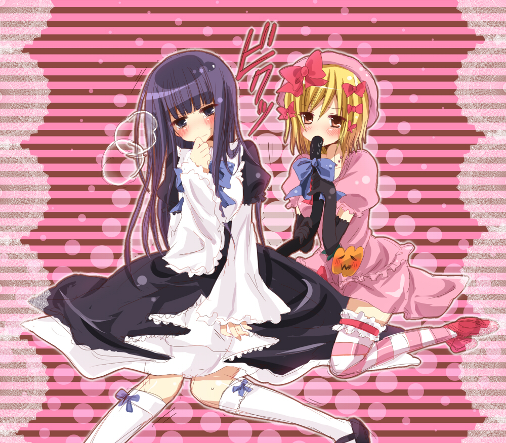 hinase haruka, frederica bernkastel, lambdadelta, umineko no naku koro ni, frilled legwear, bad id, bad pixiv id, 00s, 2girls, beret, blonde hair, blue eyes, blue hair, blush, cat tail, dress, elbow gloves, frills, gloves, hat, long hair, multiple girls, orange eyes, pink dress, ribbon, short hair, tail, thighhighs, yuri