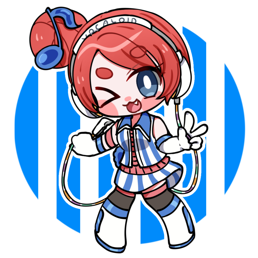 togase ameko, akikoloid-chan, vocaloid, commentary request, > o, 1girl, :3, arm strap, blue eyes, blush stickers, boots, chibi, chibi only, collared shirt, fang, fortissimo, full body, gloves, hair bun, hair ornament, headphones, looking at viewer, musical note, musical note hair ornament, one eye closed, open mouth, red hair, shirt, single side bun, skirt, sleeveless, sleeveless shirt, smile, solo, striped clothes, striped shirt, striped skirt, thick eyebrows, thighhighs, w