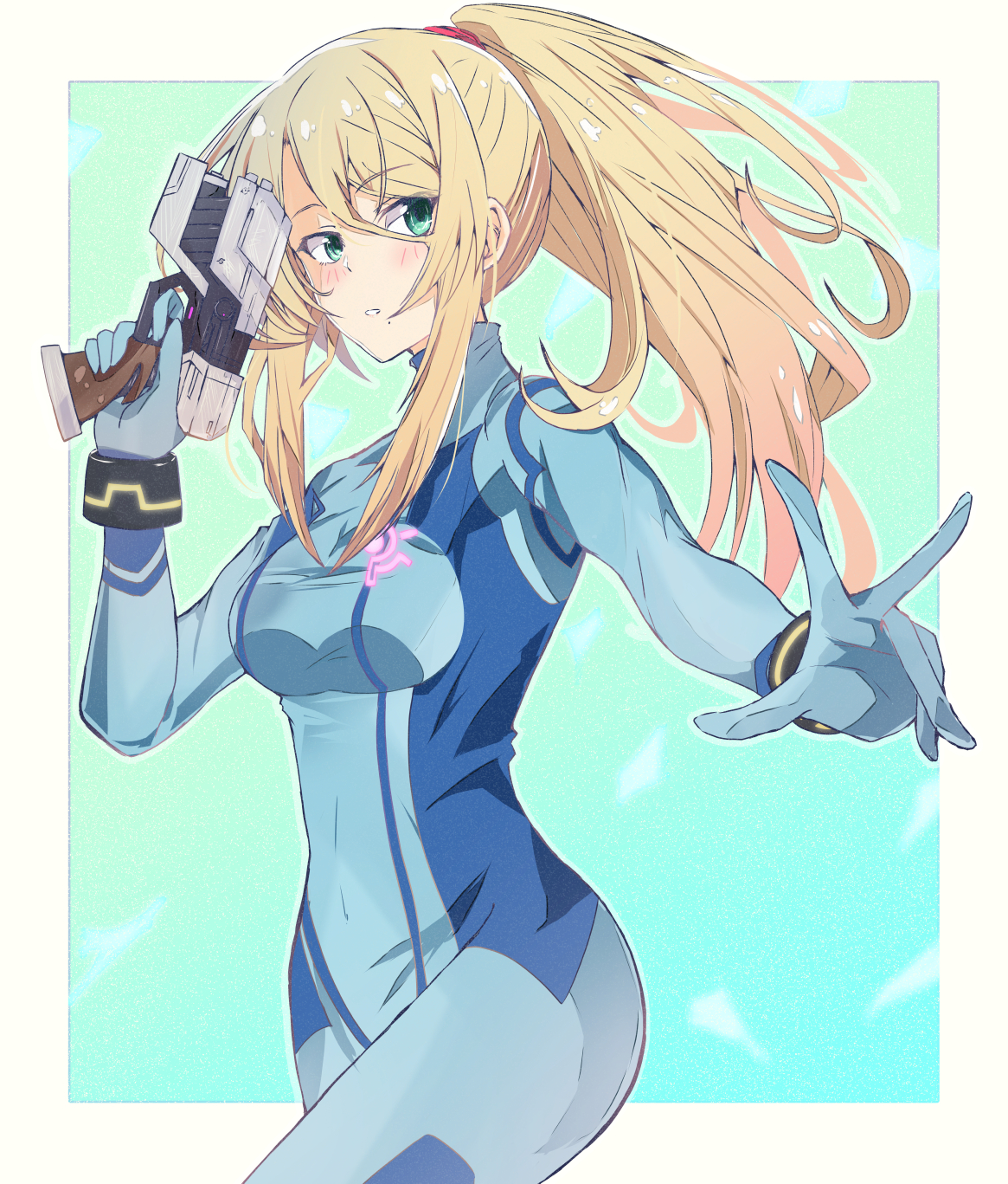 sierra (sierra s252), samus aran, metroid, nintendo, commentary request, commission, highres, 1girl, aqua background, blonde hair, blue bodysuit, bodysuit, border, breasts, gradient background, green eyes, gun, holding, holding gun, holding weapon, long hair, looking at viewer, outside border, parted lips, ponytail, reaching, reaching towards viewer, solo, weapon, white border, zero suit