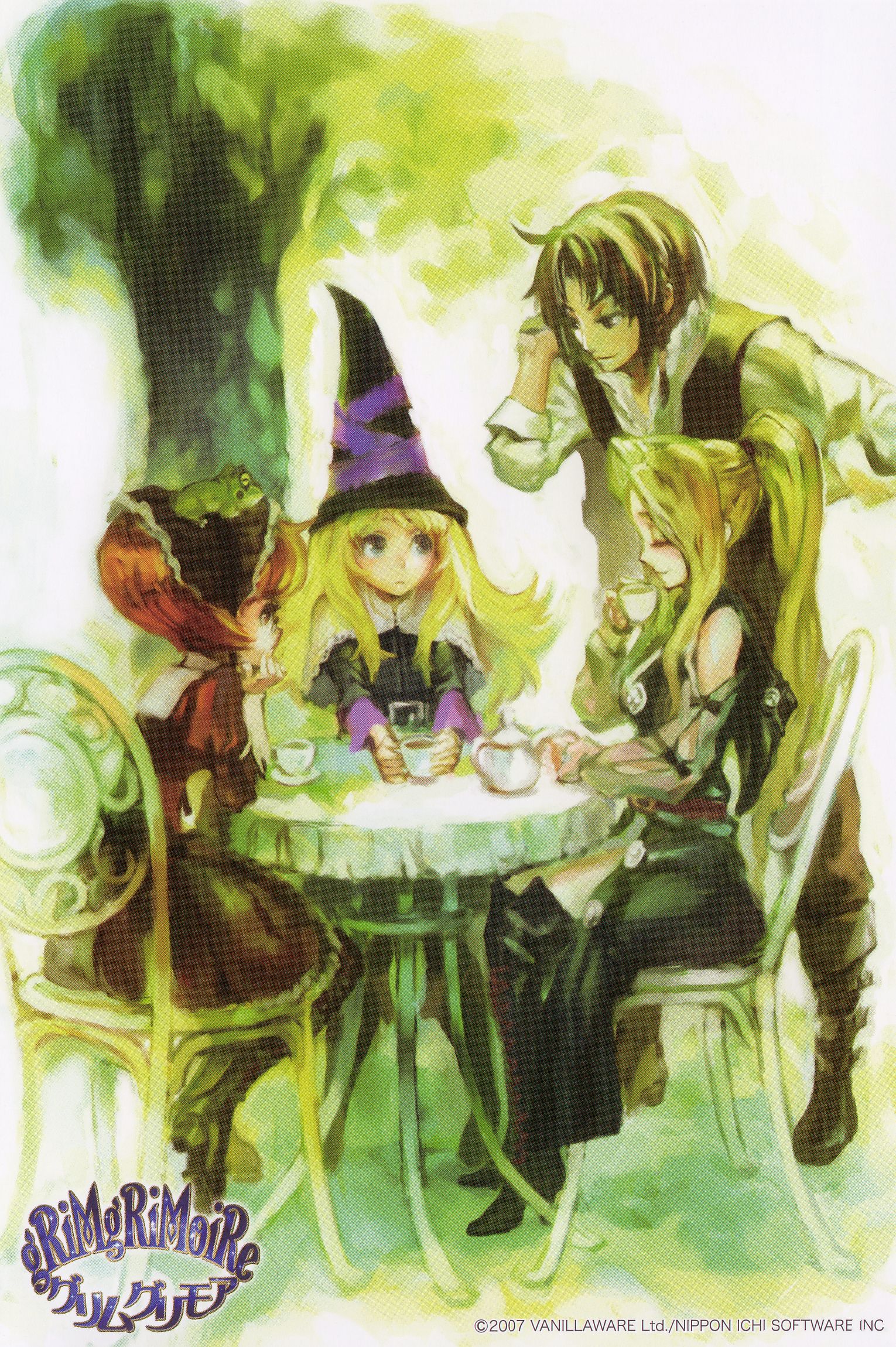 kamitani george, amaretto virgine, amoretta virgine, bartido ballentyne, lillet blan, margarita surprise, grimgrimoire, nippon ichi, vanillaware, highres, official art, scan, 1boy, 3girls, cup, multiple girls, postcard, tea, teacup