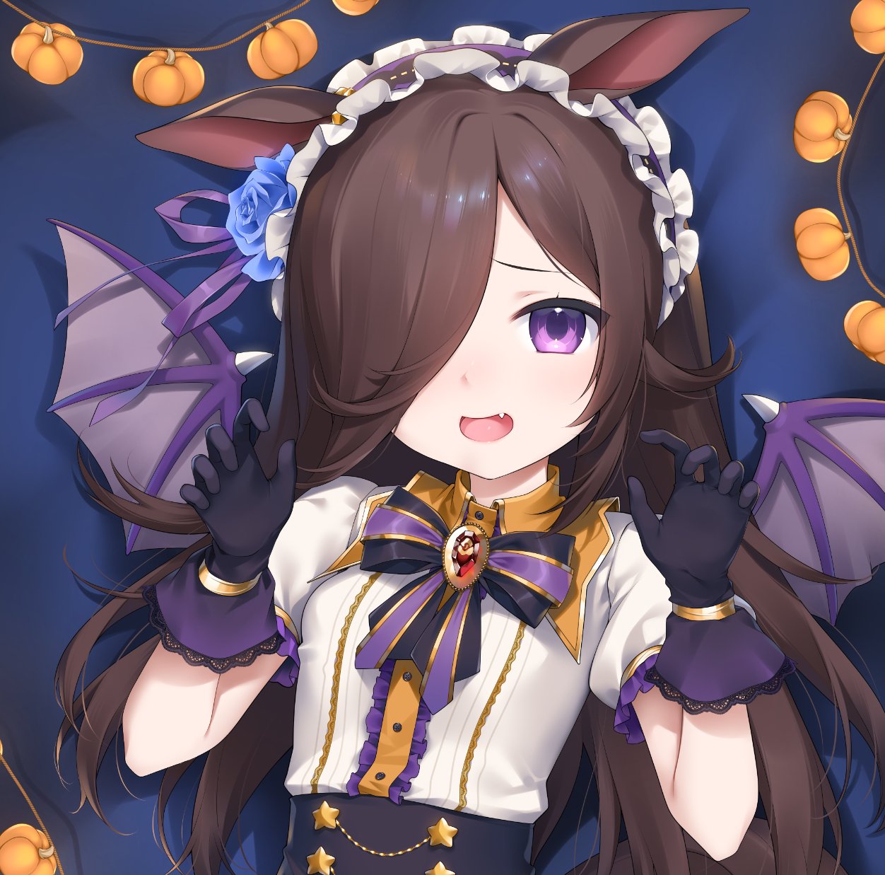 mei (ponponmei), rice shower (make up vampire!) (umamusume), rice shower (umamusume), umamusume, highres, 1girl, animal ears, black gloves, blue flower, blue rose, breasts, brown hair, flower, gloves, hair over one eye, halloween, horse ears, horse girl, horse tail, long hair, looking at viewer, open mouth, puffy short sleeves, puffy sleeves, purple eyes, rose, shirt, short sleeves, small breasts, solo, tail, white shirt, wings