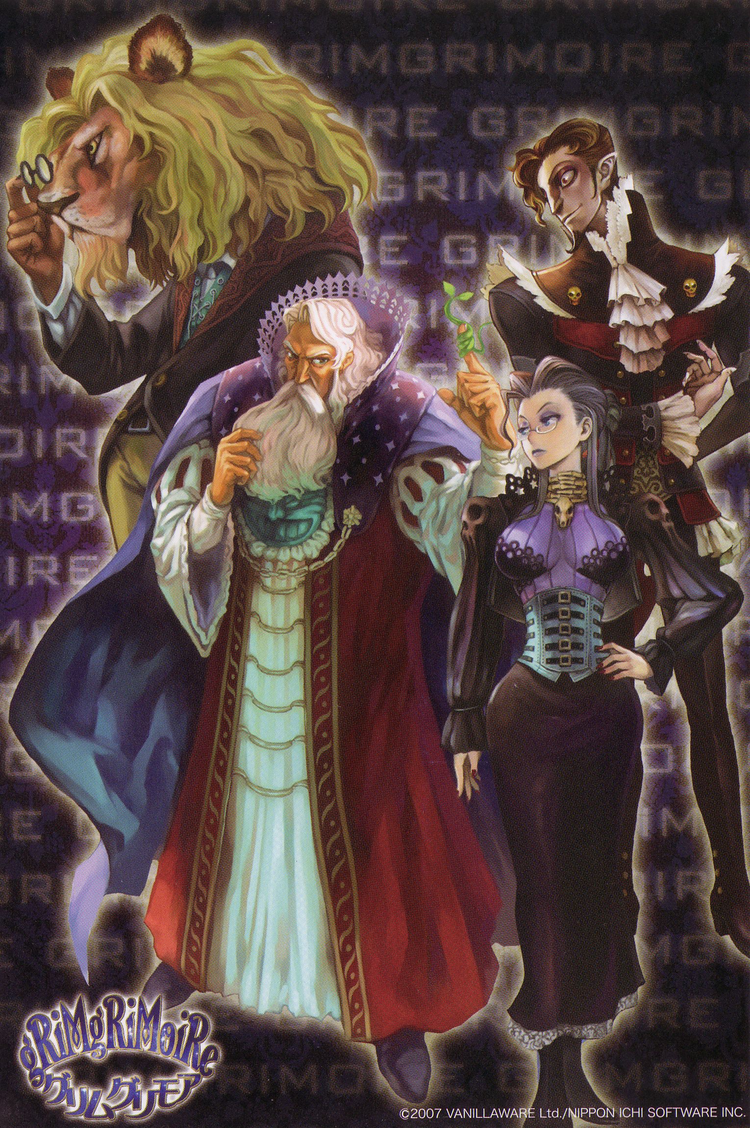 kamitani george, advocat, chartreuse grande, gammel dore, opalneria rain, grimgrimoire, nippon ichi, vanillaware, highres, official art, scan, 1girl, 2boys, multiple boys, nail polish, postcard