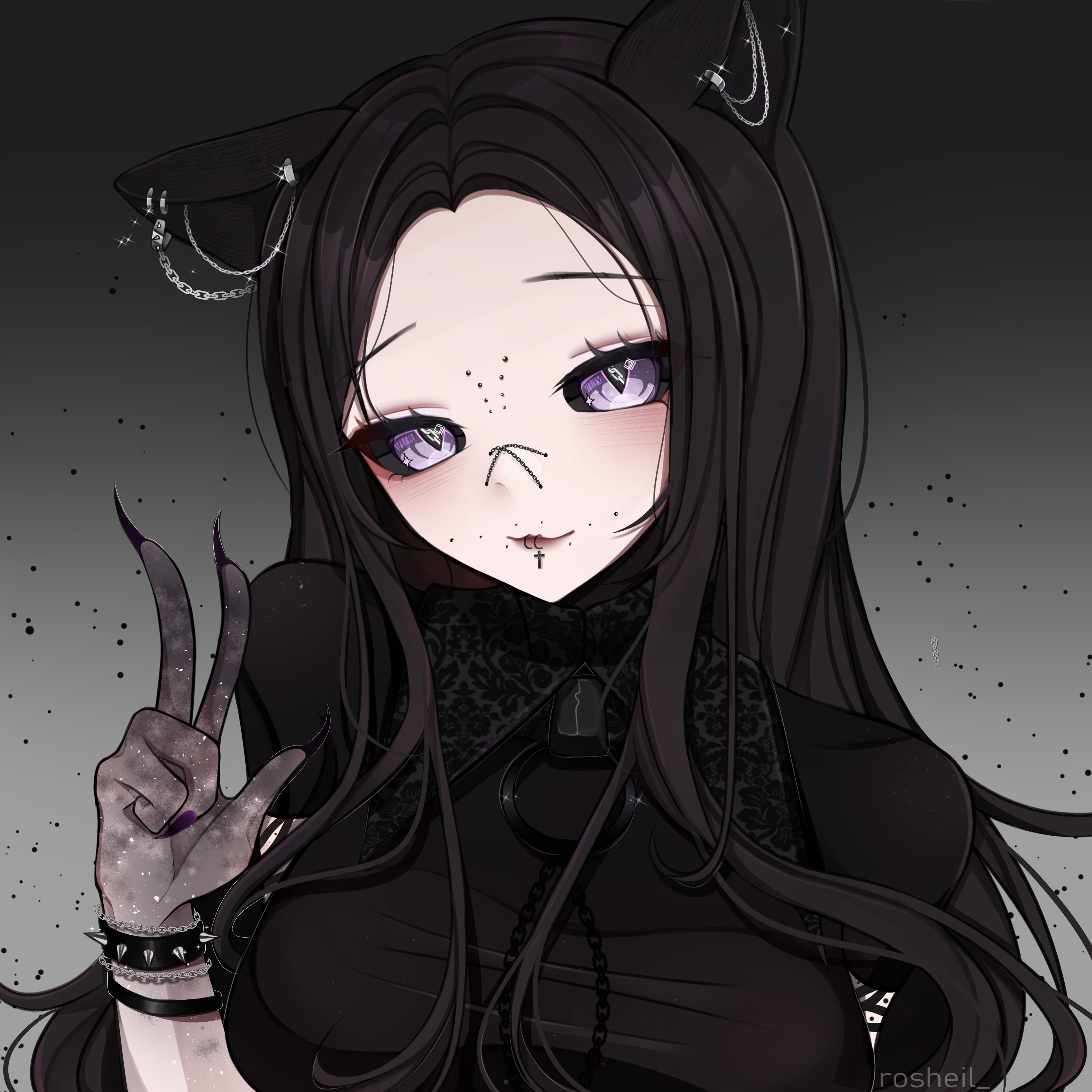 rosheil, original, absurdres, commentary, english commentary, highres, 1girl, animal ear piercing, animal ears, artist name, black dress, black hair, black nails, black sclera, breasts, cat ears, cat girl, closed mouth, colored sclera, dress, fingernails, forehead, gloves, gradient background, grey background, grey gloves, hand up, large breasts, long fingernails, long hair, looking at viewer, parted hair, purple eyes, smile, solo, taut clothes, taut dress, upper body, w