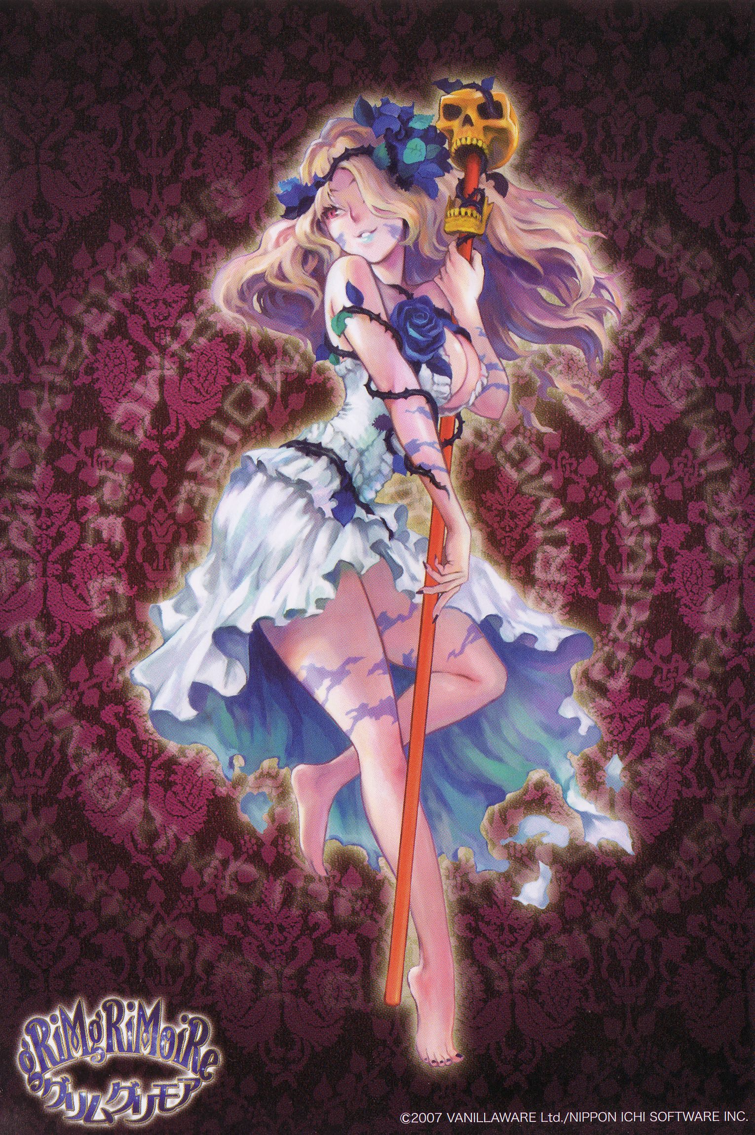kamitani george, lujei piche, grimgrimoire, nippon ichi, soul cradle, vanillaware, highres, official art, scan, 1girl, barefoot, blonde hair, breasts, cleavage, feet, female focus, flower, large breasts, leaf, nail polish, postcard, rod, rose, solo
