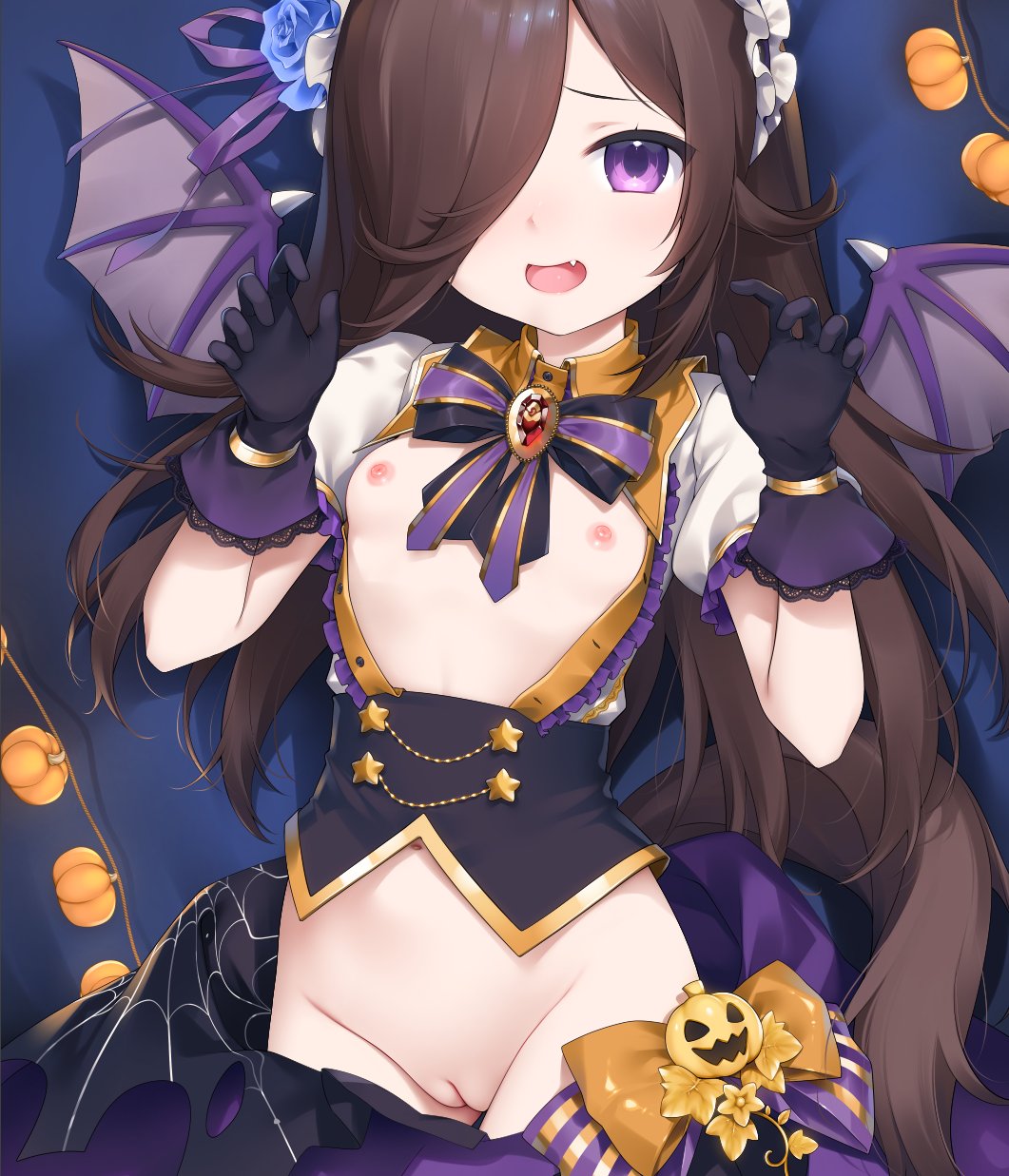 mei (ponponmei), rice shower (make up vampire!) (umamusume), rice shower (umamusume), umamusume, highres, 1girl, animal ears, black gloves, blue flower, blue rose, bow, breasts, brown hair, cleft of venus, fang, flower, gloves, hair flower, hair ornament, hair over one eye, halloween, horse ears, horse girl, horse tail, long hair, looking at viewer, nipples, official alternate costume, open mouth, puffy short sleeves, puffy sleeves, purple eyes, pussy, rose, shirt, short sleeves, skirt, small breasts, solo, tail, uncensored, wings