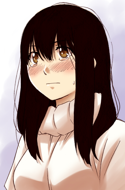 sawa jaaji, chiba saori, hourou musuko, bad id, bad pixiv id, 1girl, black hair, blush, brown eyes, closed mouth, female focus, hair between eyes, long hair, sad, solo, sweater, tears, upper body