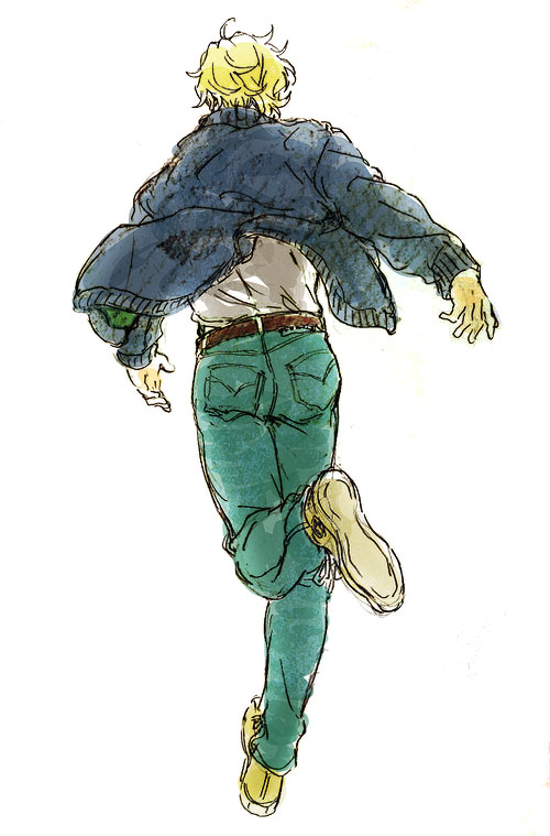 keith goodman, tiger & bunny, commentary request, 1boy, belt, blonde hair, blue jacket, blue pants, brown belt, denim, from behind, full body, jacket, jeans, long sleeves, male focus, mimimyy, pants, running, shirt, shirt tucked in, shoes, short hair, simple background, solo, white background, white shirt, yellow shoes