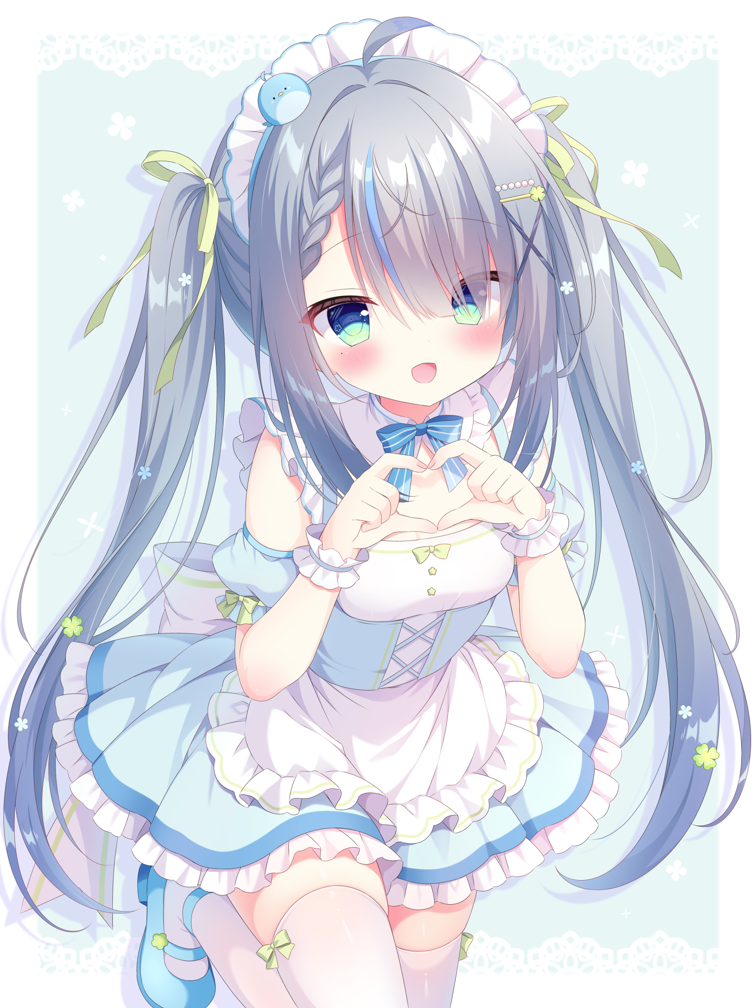 nekoboshi yuki, indie virtual youtuber, commentary request, highres, 1girl, :d, alternate costume, apron, bare shoulders, blue background, blue bow, blue bowtie, blue dress, blue sleeves, blush, border, bow, bowtie, cowboy shot, detached sleeves, dress, drop shadow, enmaided, four-finger heart hands, frilled apron, frilled dress, frilled wrist cuffs, frills, green eyes, green ribbon, grey hair, hair ornament, hair over one eye, heart, heart hands, long hair, looking at viewer, maid, maid headdress, momoruri seiran, neck ribbon, open mouth, outside border, ribbon, short sleeves, sidelocks, sleeveless, sleeveless dress, smile, solo, striped bow, striped bowtie, striped clothes, thighhighs, twintails, virtual youtuber, waist apron, white apron, white border, white thighhighs, wrist cuffs, x hair ornament