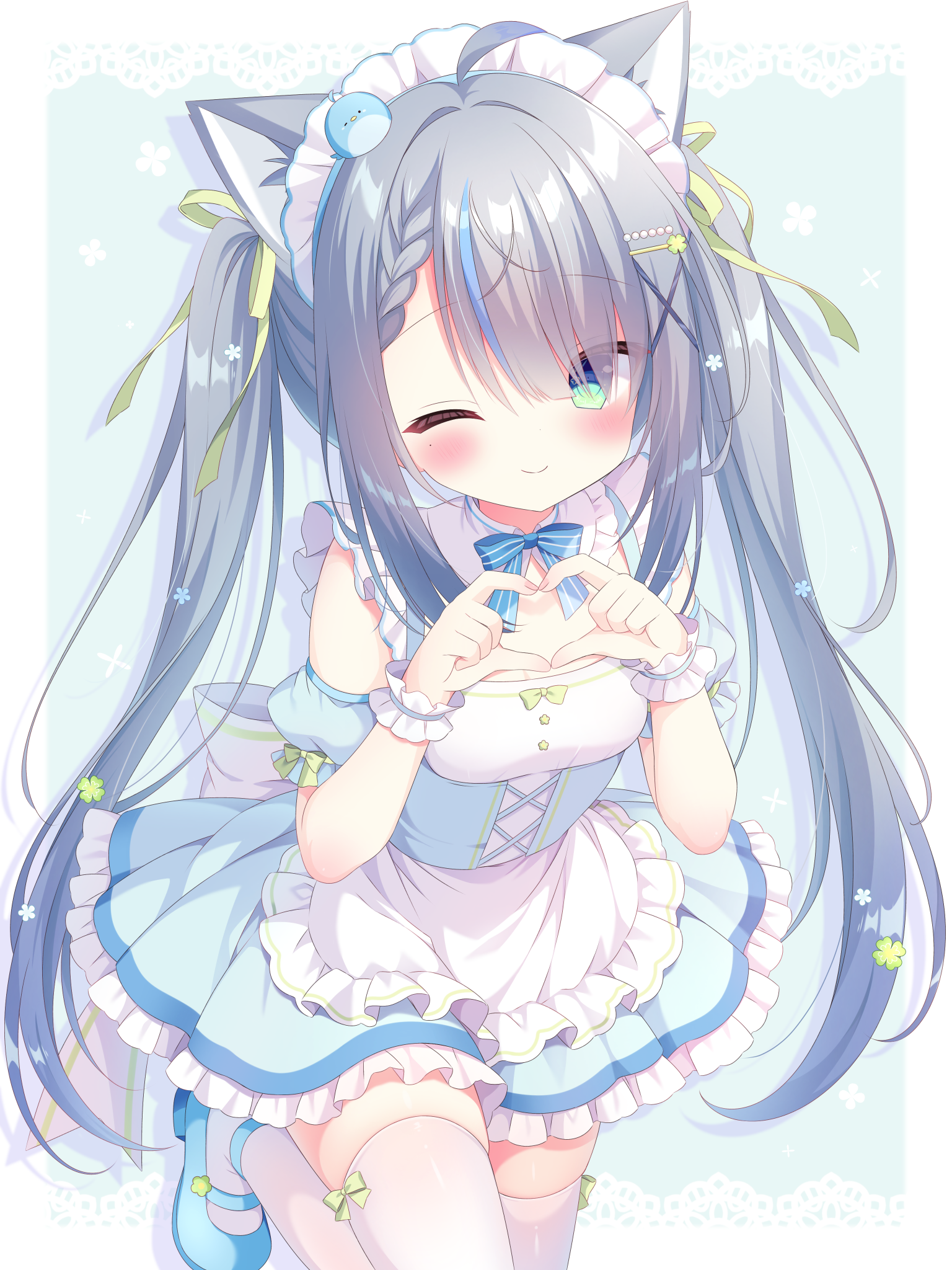 nekoboshi yuki, indie virtual youtuber, commentary request, highres, 1girl, ;), alternate costume, animal ear fluff, animal ears, apron, bare shoulders, blue background, blue bow, blue bowtie, blue dress, blue sleeves, blush, border, bow, bowtie, cat ears, cat girl, closed mouth, cowboy shot, detached sleeves, dress, drop shadow, enmaided, four-finger heart hands, frilled apron, frilled dress, frilled wrist cuffs, frills, green eyes, green ribbon, grey hair, hair ornament, hair over one eye, heart, heart hands, kemonomimi mode, long hair, looking at viewer, maid, maid headdress, momoruri seiran, neck ribbon, one eye closed, outside border, ribbon, short sleeves, sidelocks, sleeveless, sleeveless dress, smile, solo, striped bow, striped bowtie, striped clothes, thighhighs, twintails, virtual youtuber, waist apron, white apron, white border, white thighhighs, wrist cuffs, x hair ornament